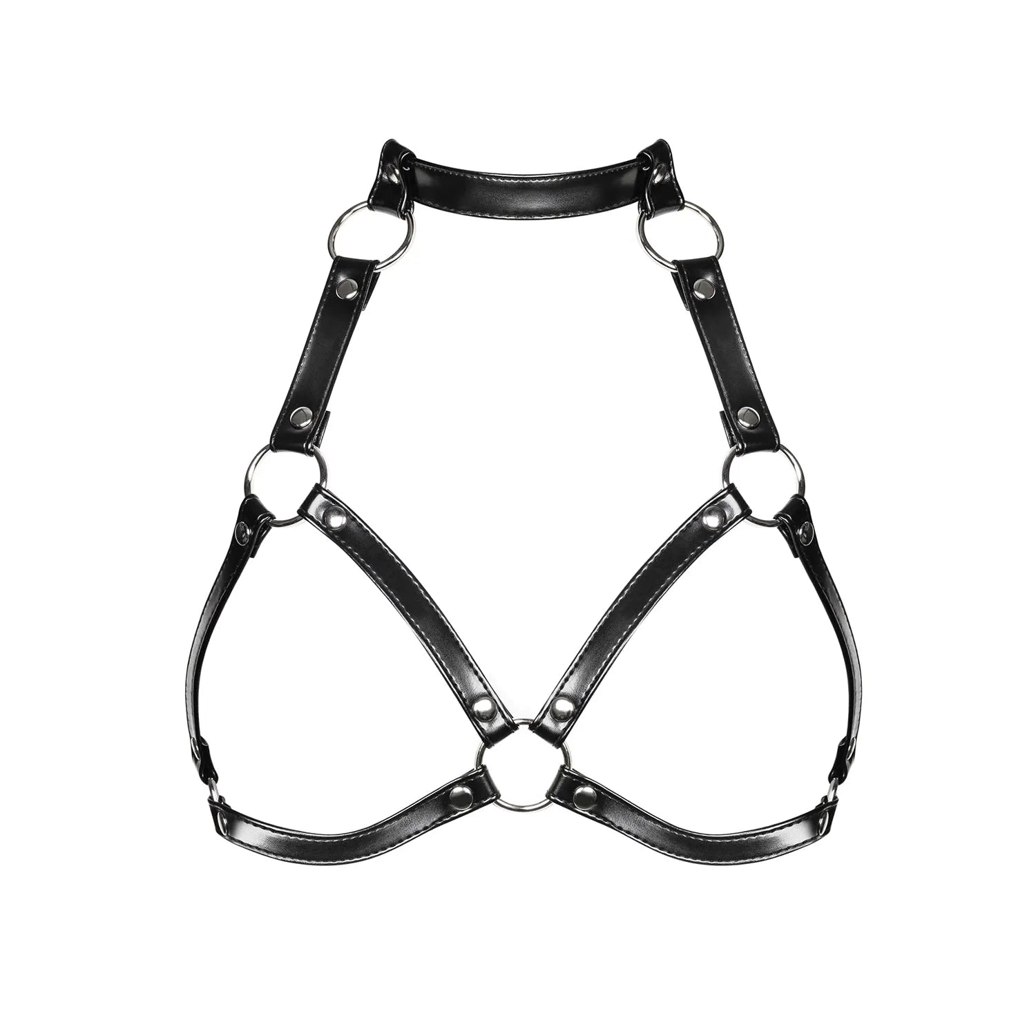 Harnais soutien-gorge noir cupless avec anneaux métalliques argentés et tour de cou réglable, design élégant et audacieux.