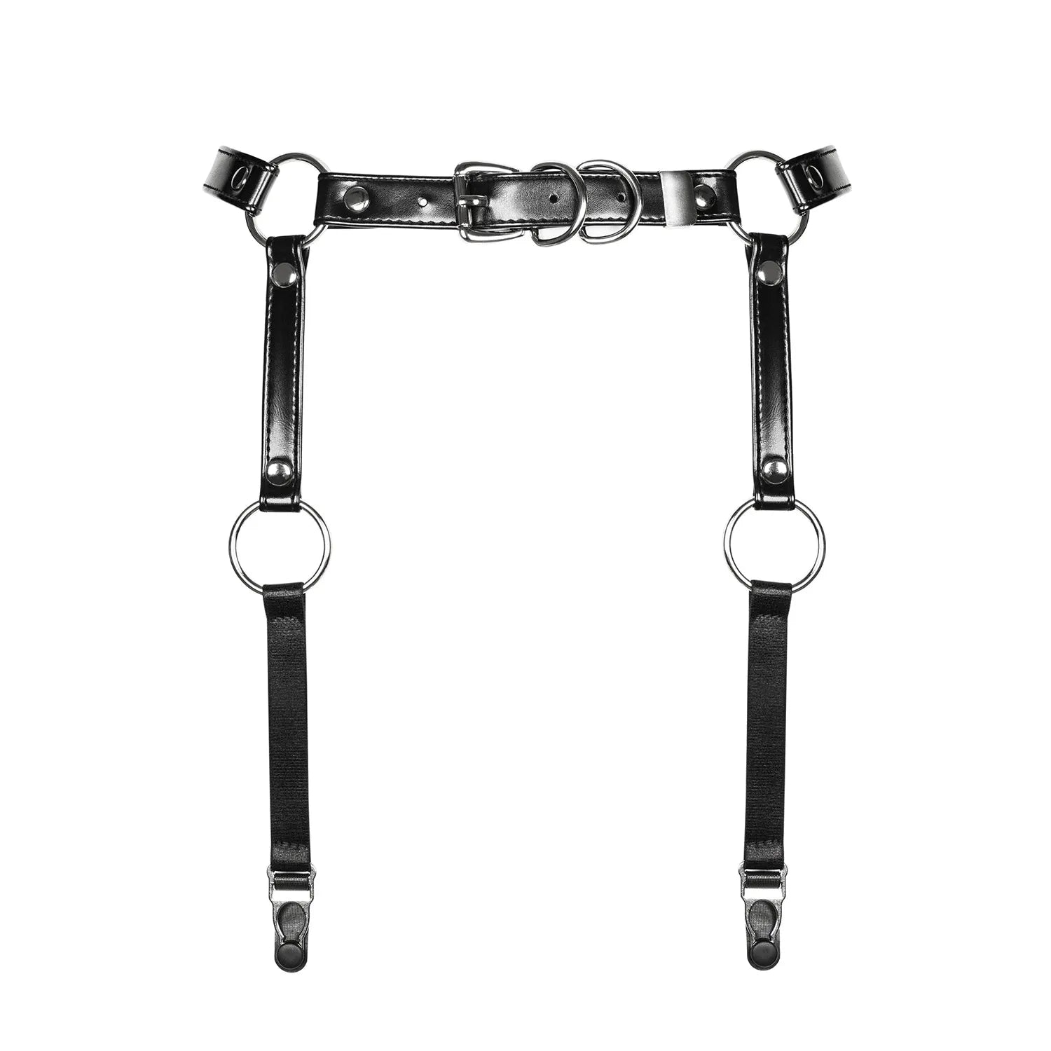 Harnais porte-jarretelles noir A741 en simili cuir avec anneaux argentés, bretelles réglables, fermeture arrière multiple.