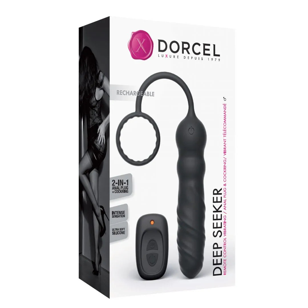 Plug anal silicone noir avec cockring télécommandé vibrations multiples