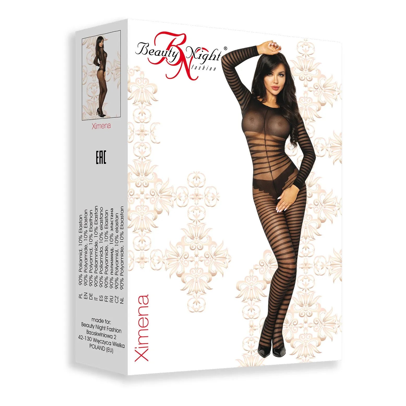 Bodystocking noir à bandes horizontales, décolleté dos, modèle Ximena de Beauty Night, élégant et sensuel.