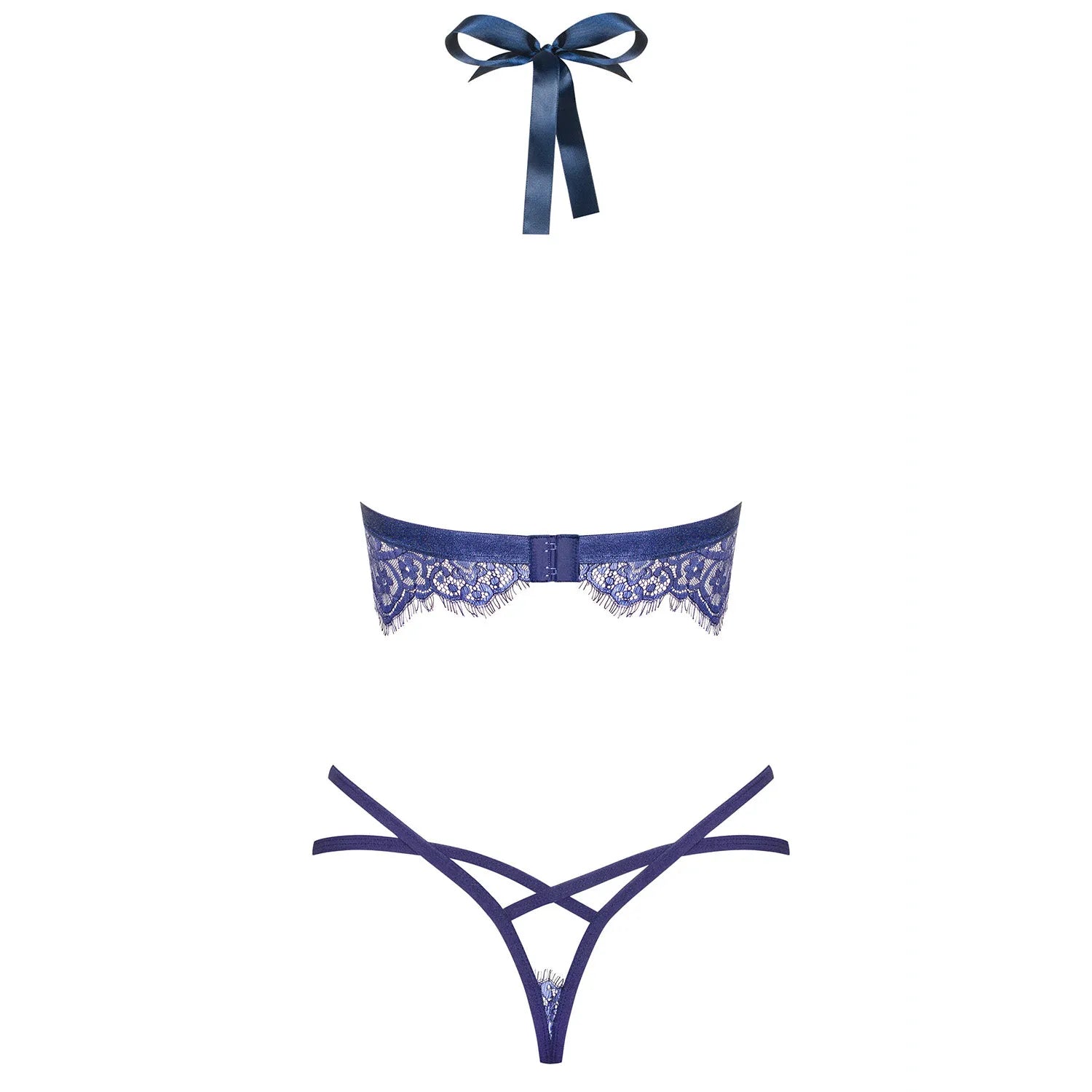 Ensemble lingerie dentelle bleu corset string soutien gorge rembourré ruban