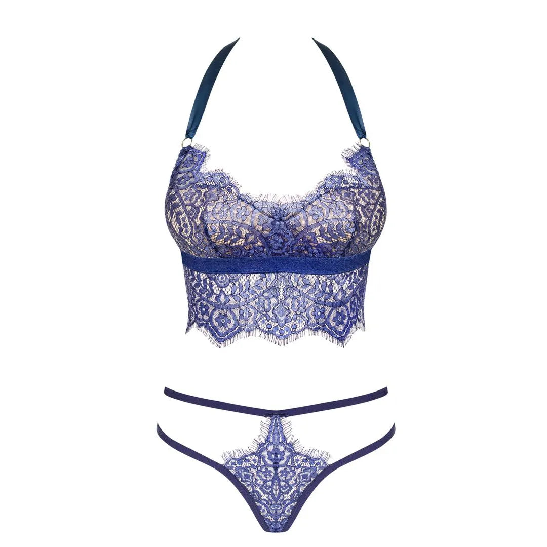 Ensemble lingerie dentelle bleu corset string soutien gorge rembourré ruban