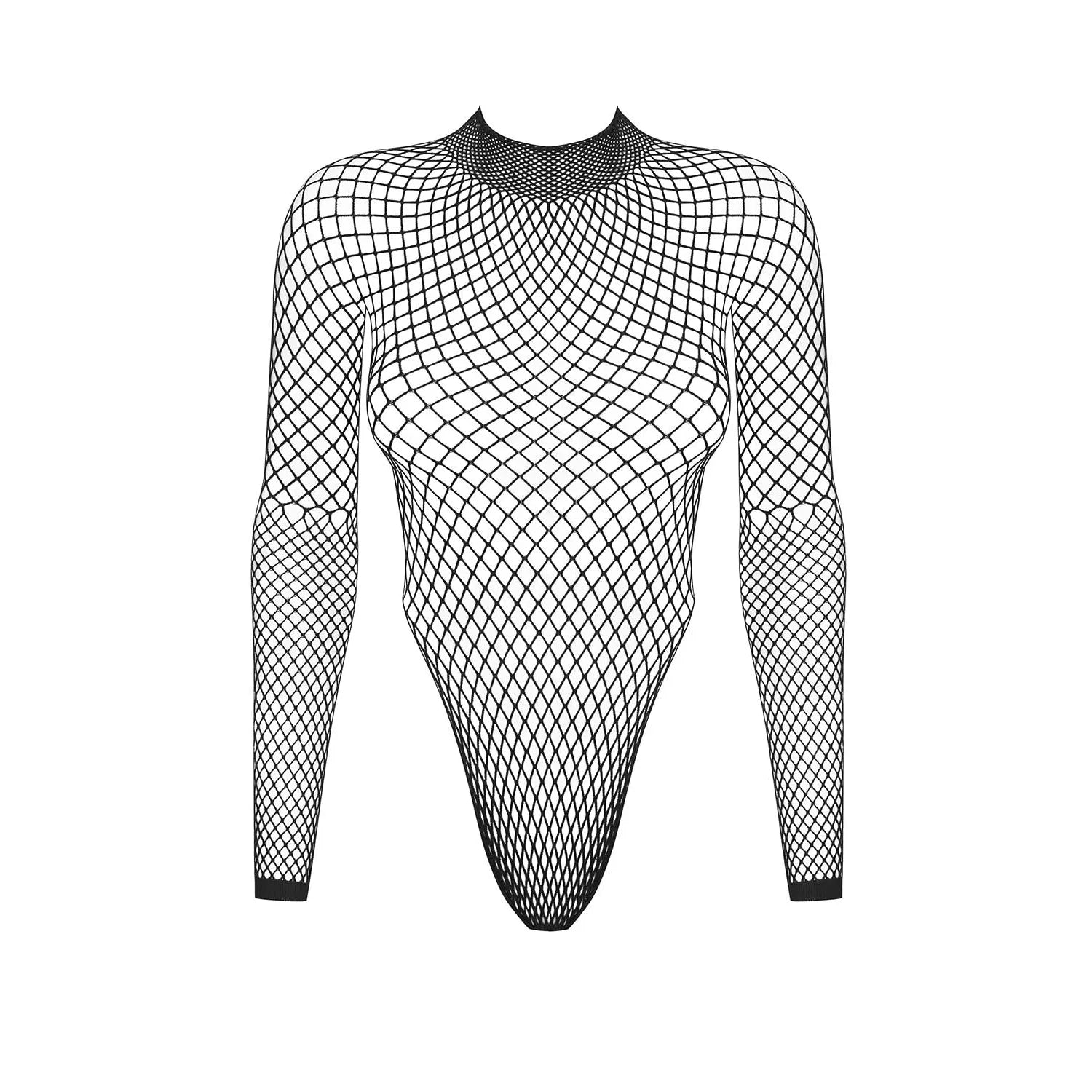 Body noir indéchirable en maille transparente multistretch, manches longues, design ajusté et élégant.