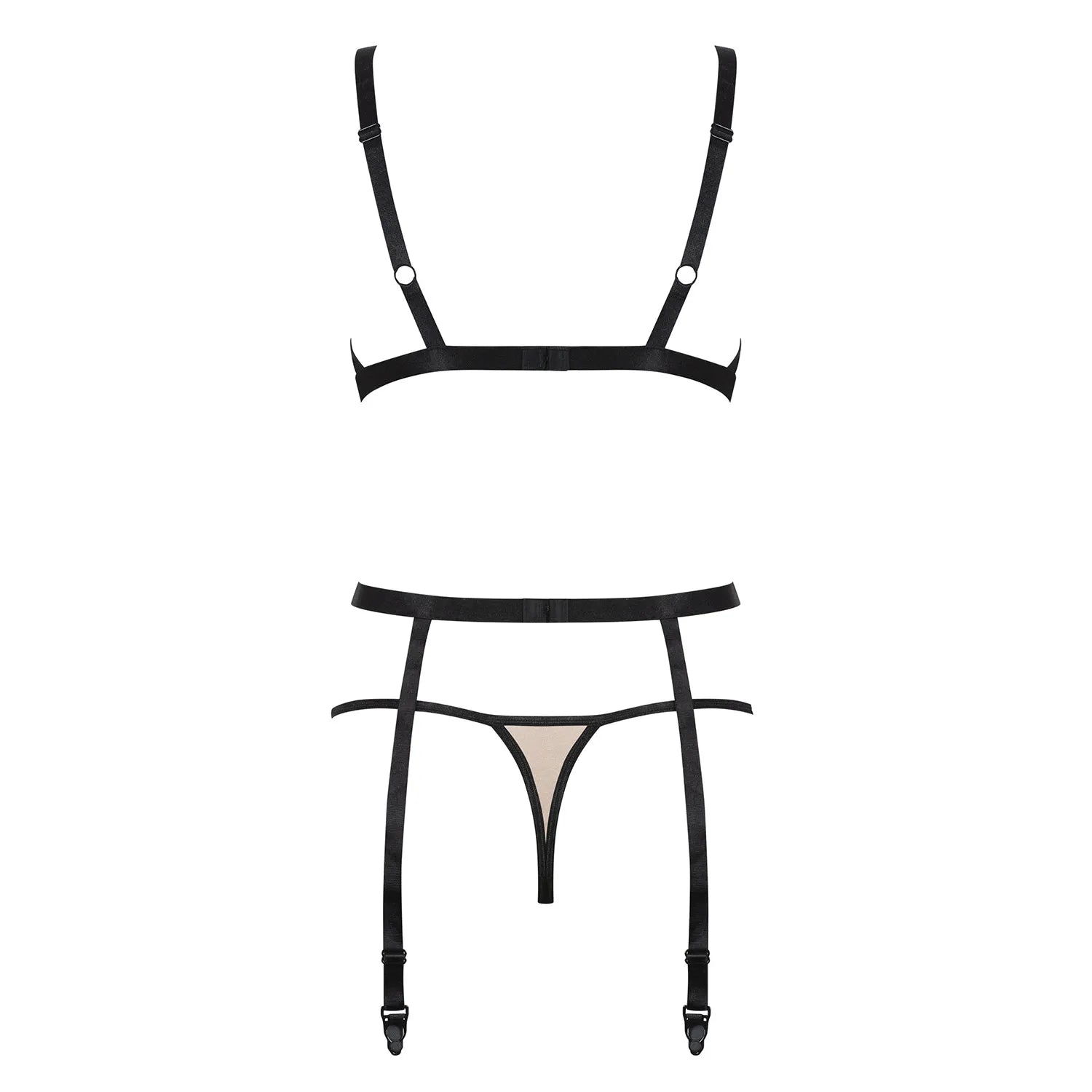 Ensemble lingerie Nudelia nude noir soutien-gorge string porte-jarretelles réglables