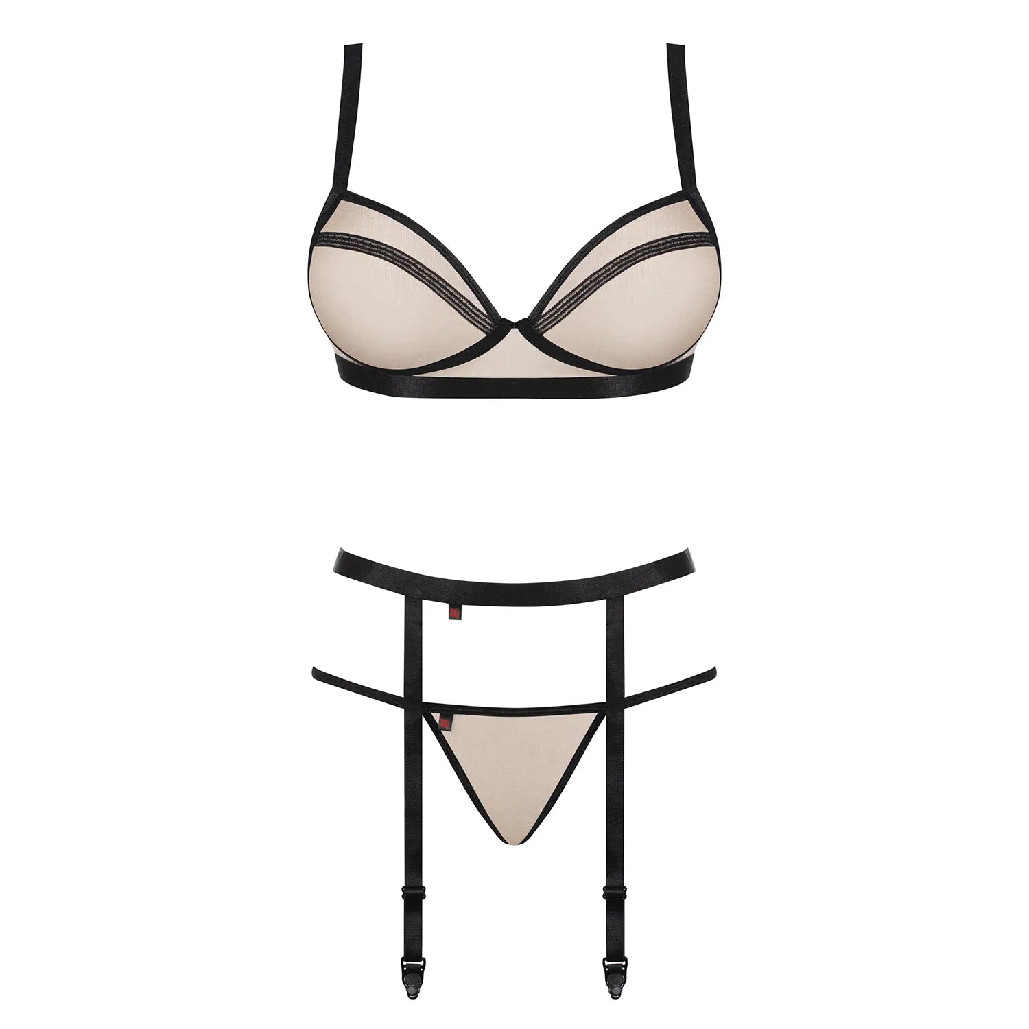 Ensemble lingerie Nudelia nude noir soutien-gorge string porte-jarretelles réglables