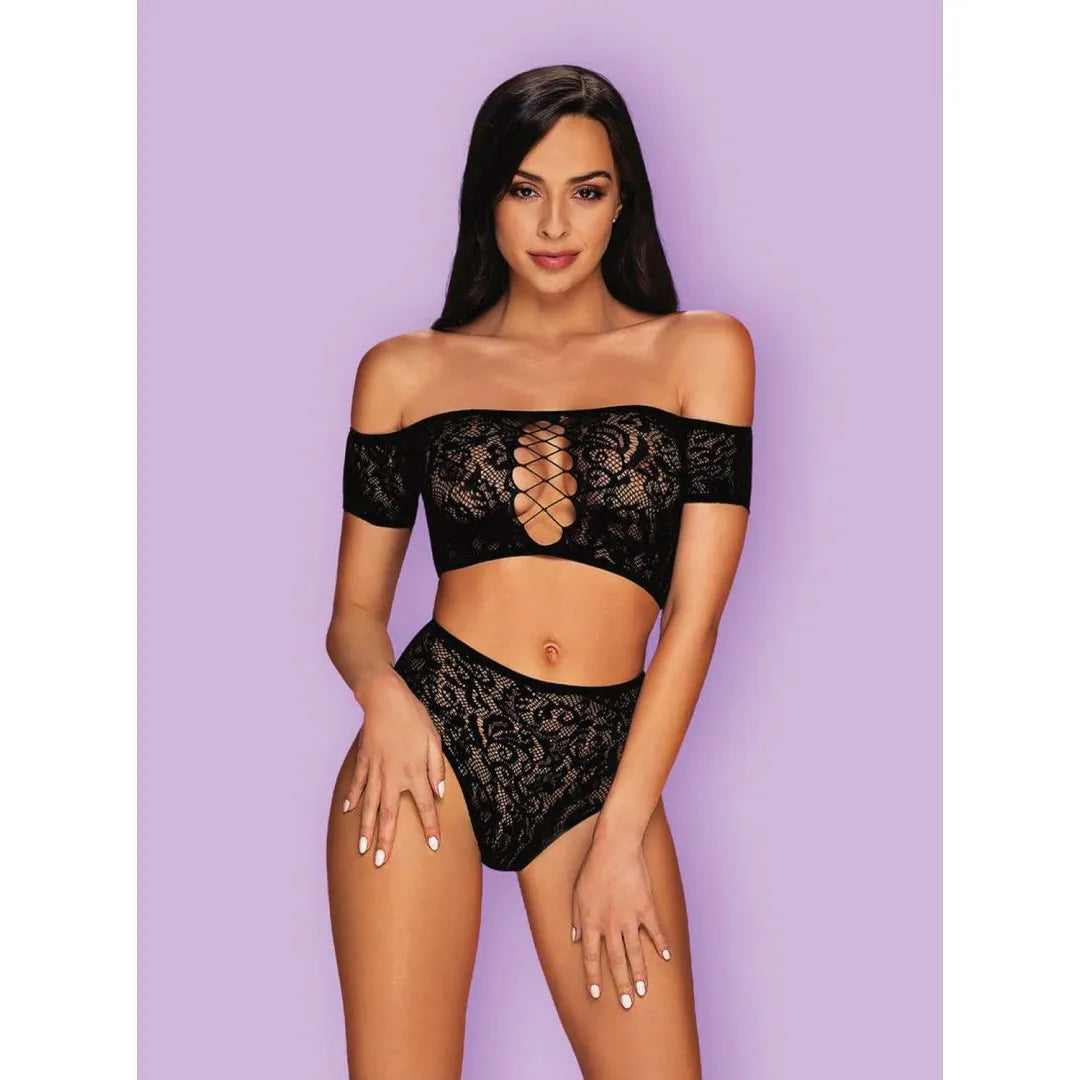 Inessita Ensemble lingerie noir sexy maille transparente épaules dénudées laçage motif subtil