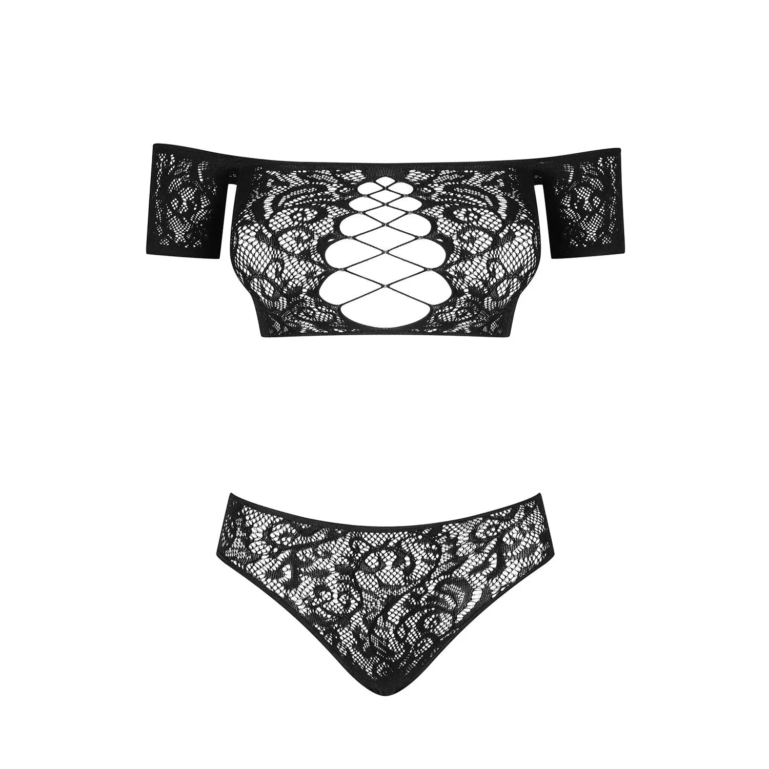 Inessita Ensemble lingerie noir sexy maille transparente épaules dénudées laçage motif subtil