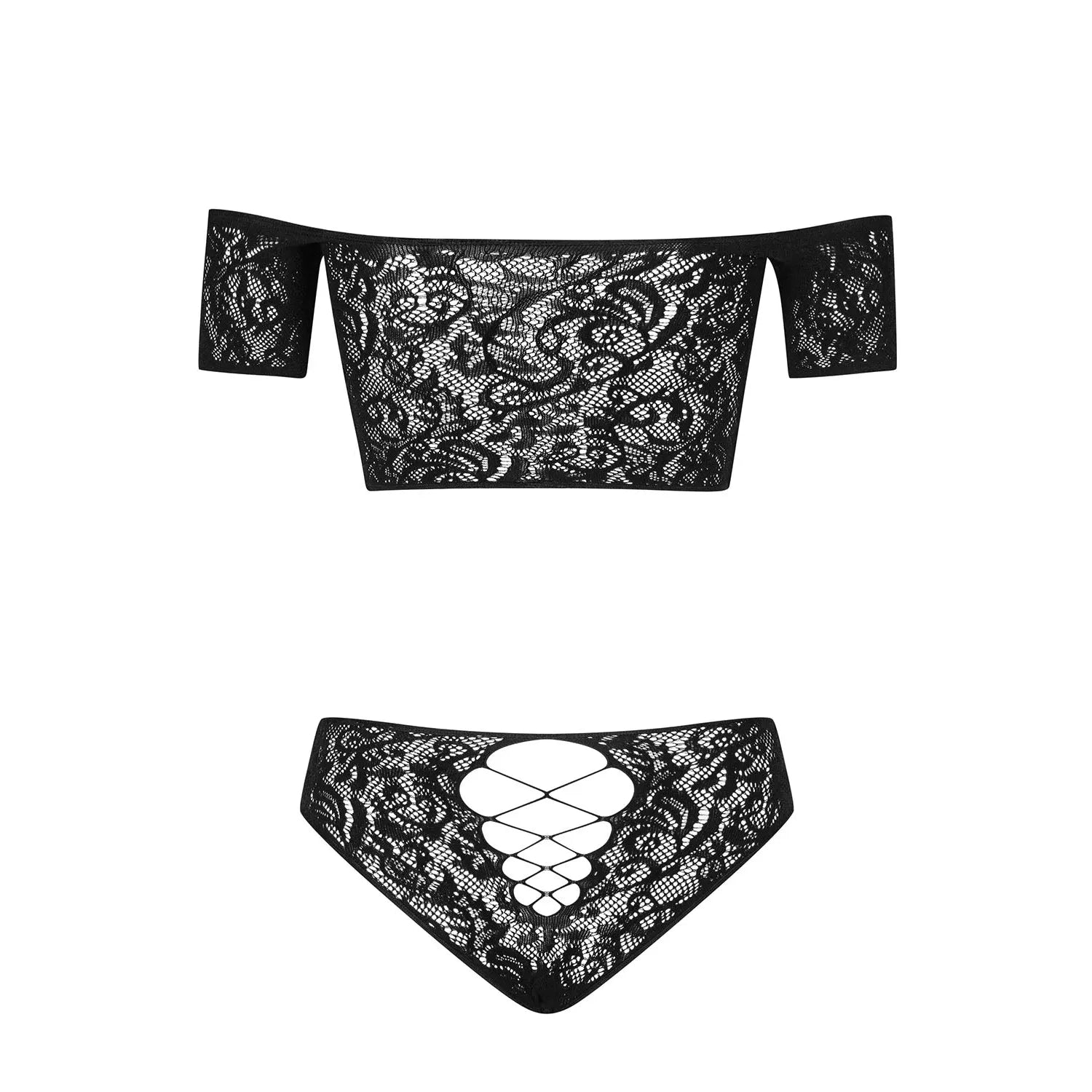 Inessita Ensemble lingerie noir sexy maille transparente épaules dénudées laçage motif subtil