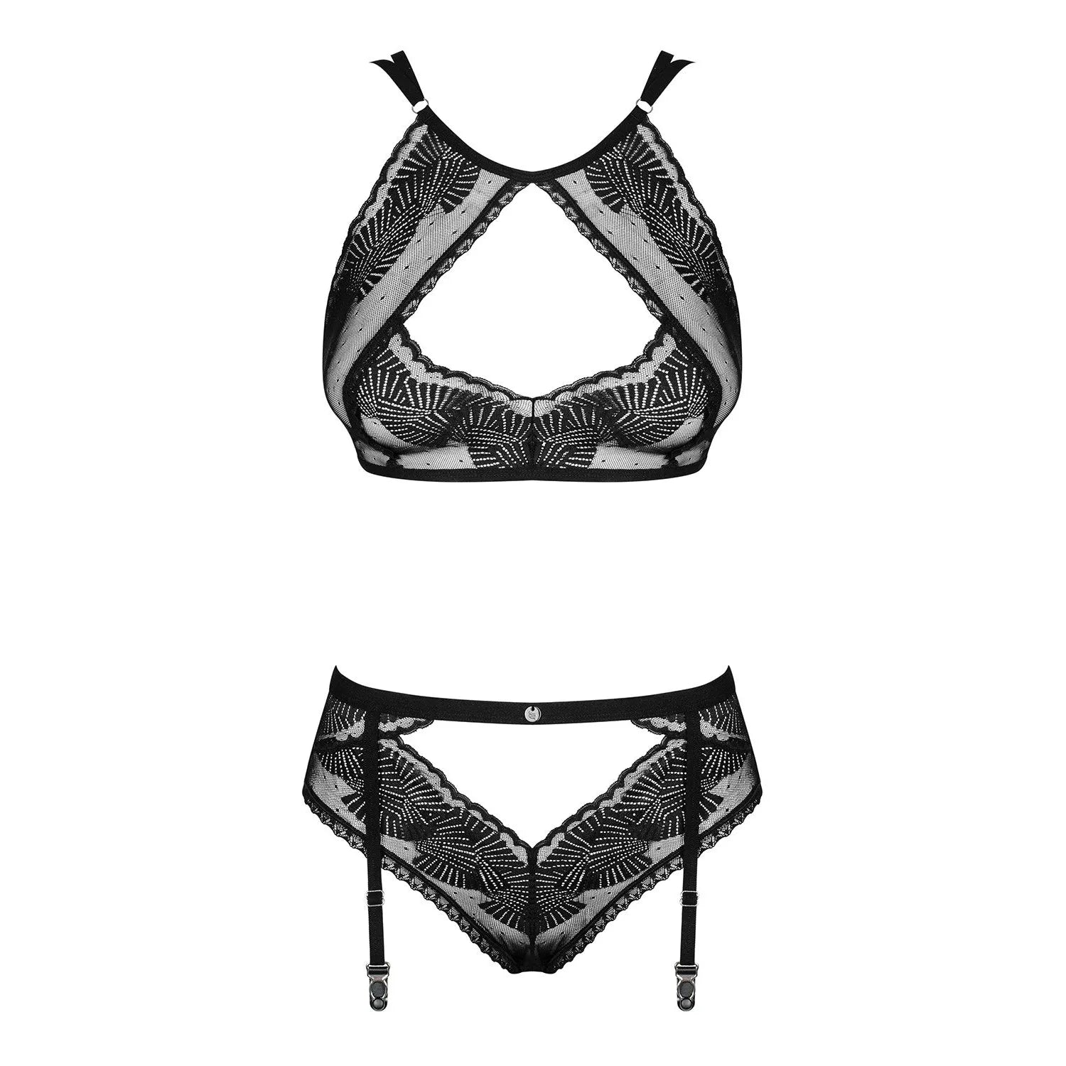 Ensemble lingerie Allastia noir, maille translucide, motif géométrique, soutien-gorge et culotte, bretelles réglables.