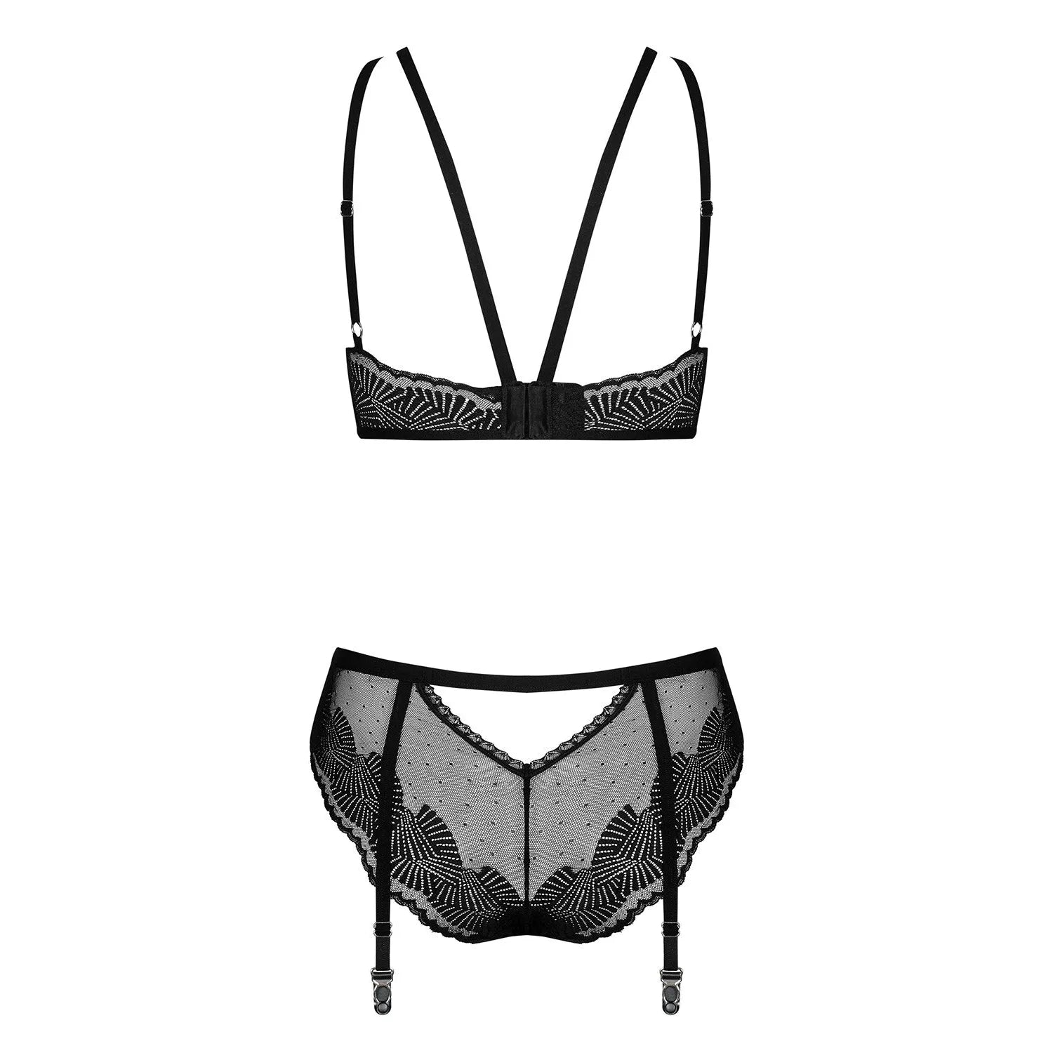 Ensemble lingerie Allastia noir, maille translucide, motif géométrique, soutien-gorge et culotte, bretelles réglables.