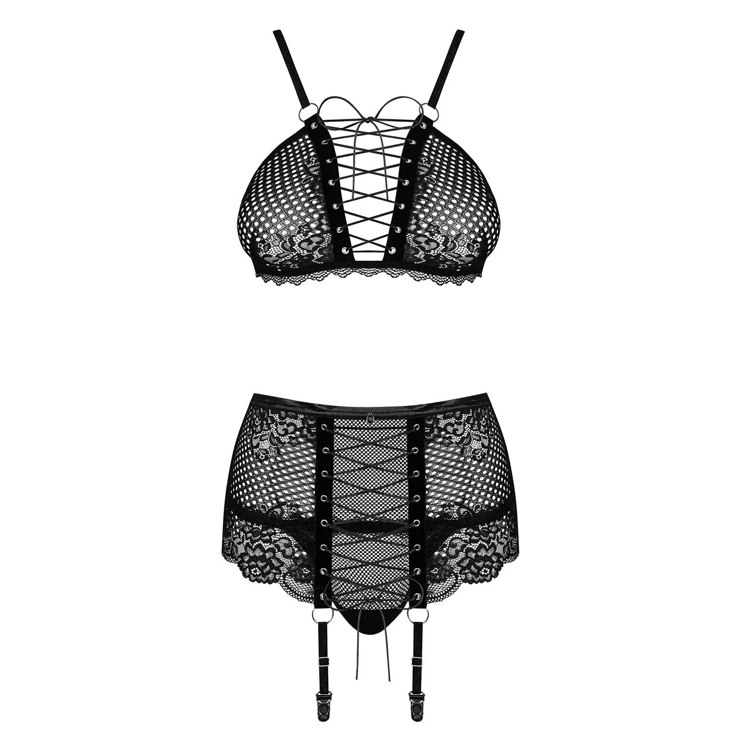Ensemble lingerie Basitta noir avec laçage sensuel, anneaux métal, soutien-gorge, porte-jarretelles et string en maille.
