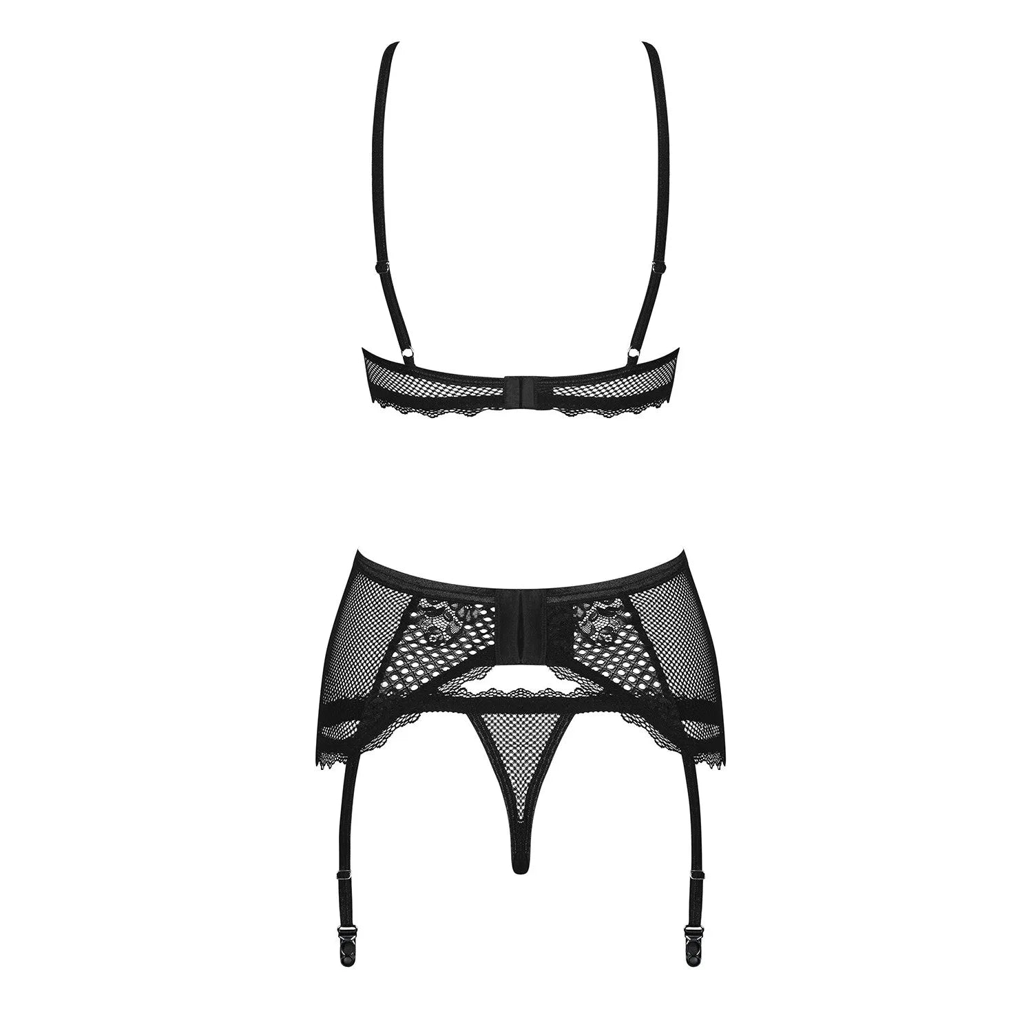 Ensemble lingerie noir Basitta avec soutien-gorge, porte-jarretelles et string, détails laçage et anneaux métal.