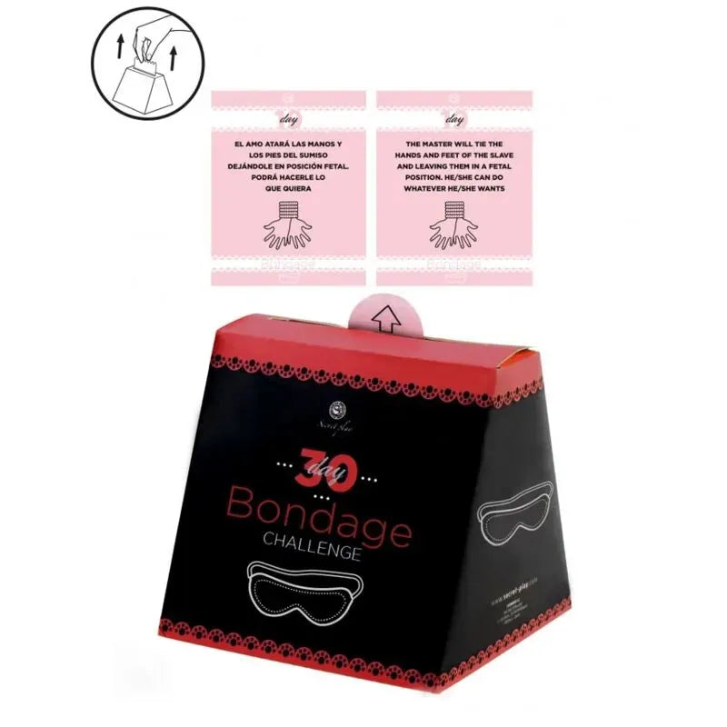 Boîte noire et rouge de 30 Jours Défis Bondage Cartes Bilingues avec cartes défi en espagnol et anglais.