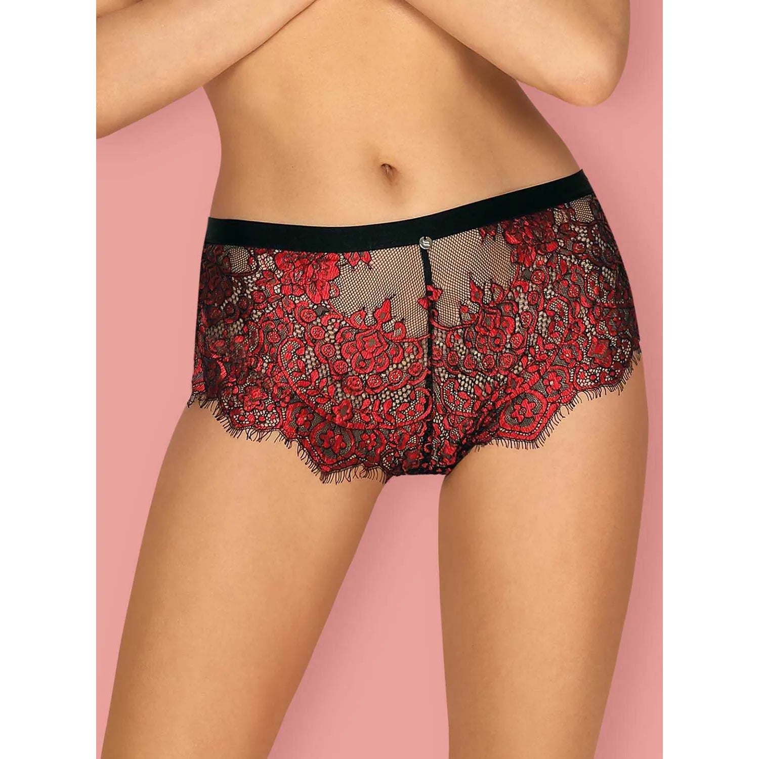 Shorty dentelle florale rouge noir profond satin noeud ultra sexy