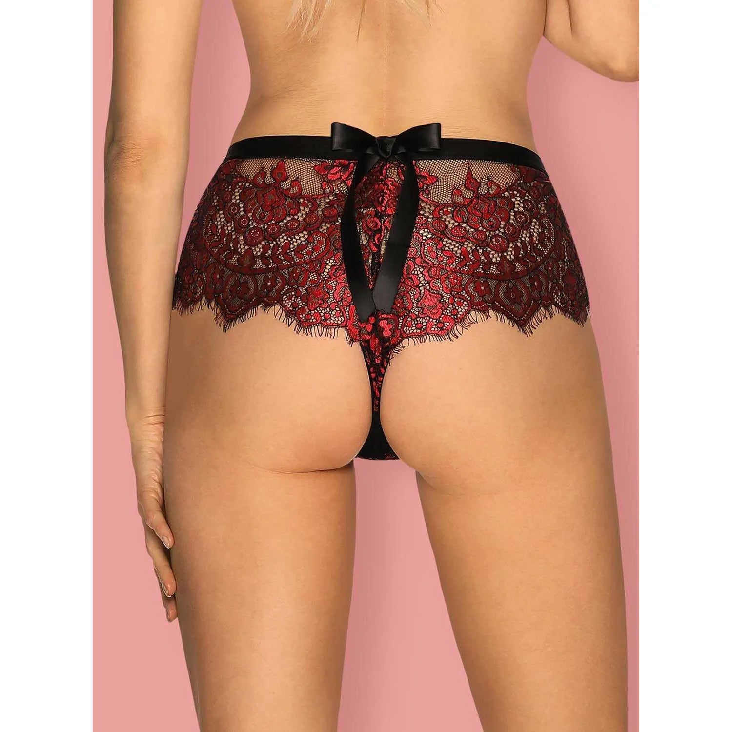 Shorty dentelle florale rouge noir profond satin noeud ultra sexy