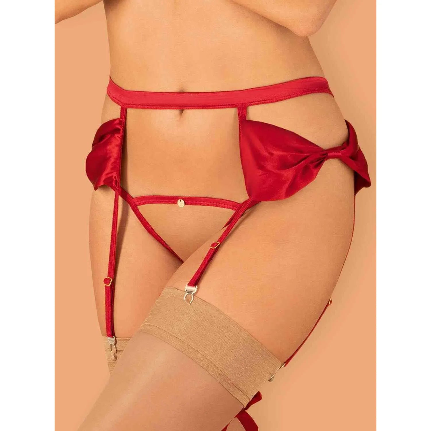 Porte-jarretelles rouge satin Rubinesa avec string ouvert et nœuds élégants