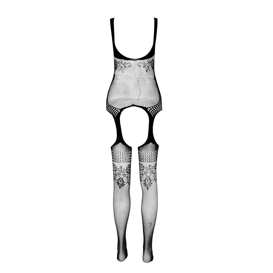 Bodystocking noir en résille ajourée ECONYL, design écologique, ouverture entrejambe, motif floral, style séduisant.