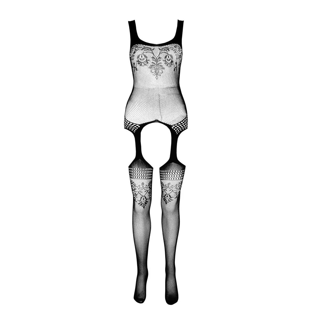Bodystocking noir en résille ajourée ECONYL, design séduisant avec ouverture entrejambe, mode éco-responsable.