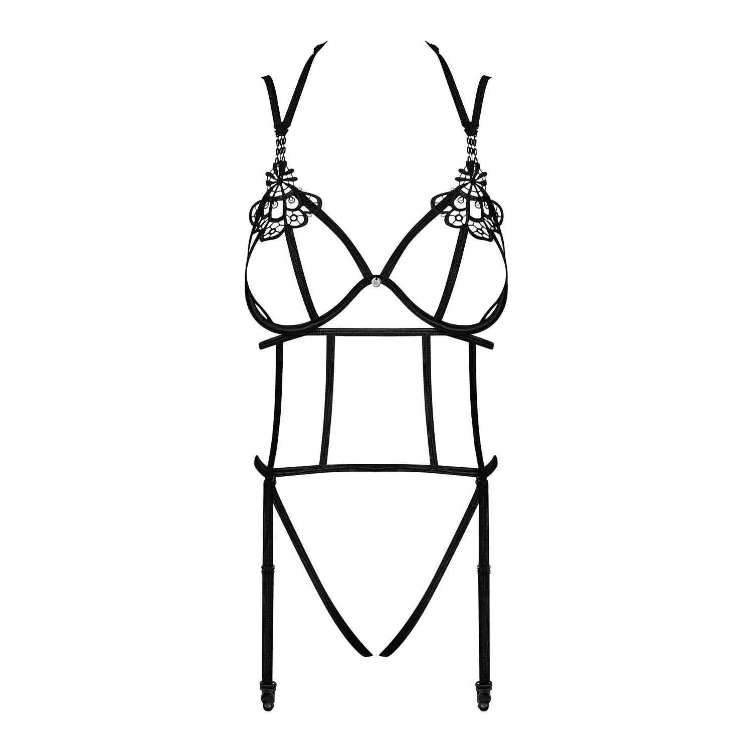 Body ouvert noir Badossa en guipure avec bretelles réglables et jarretelles amovibles, design sexy et élégant.