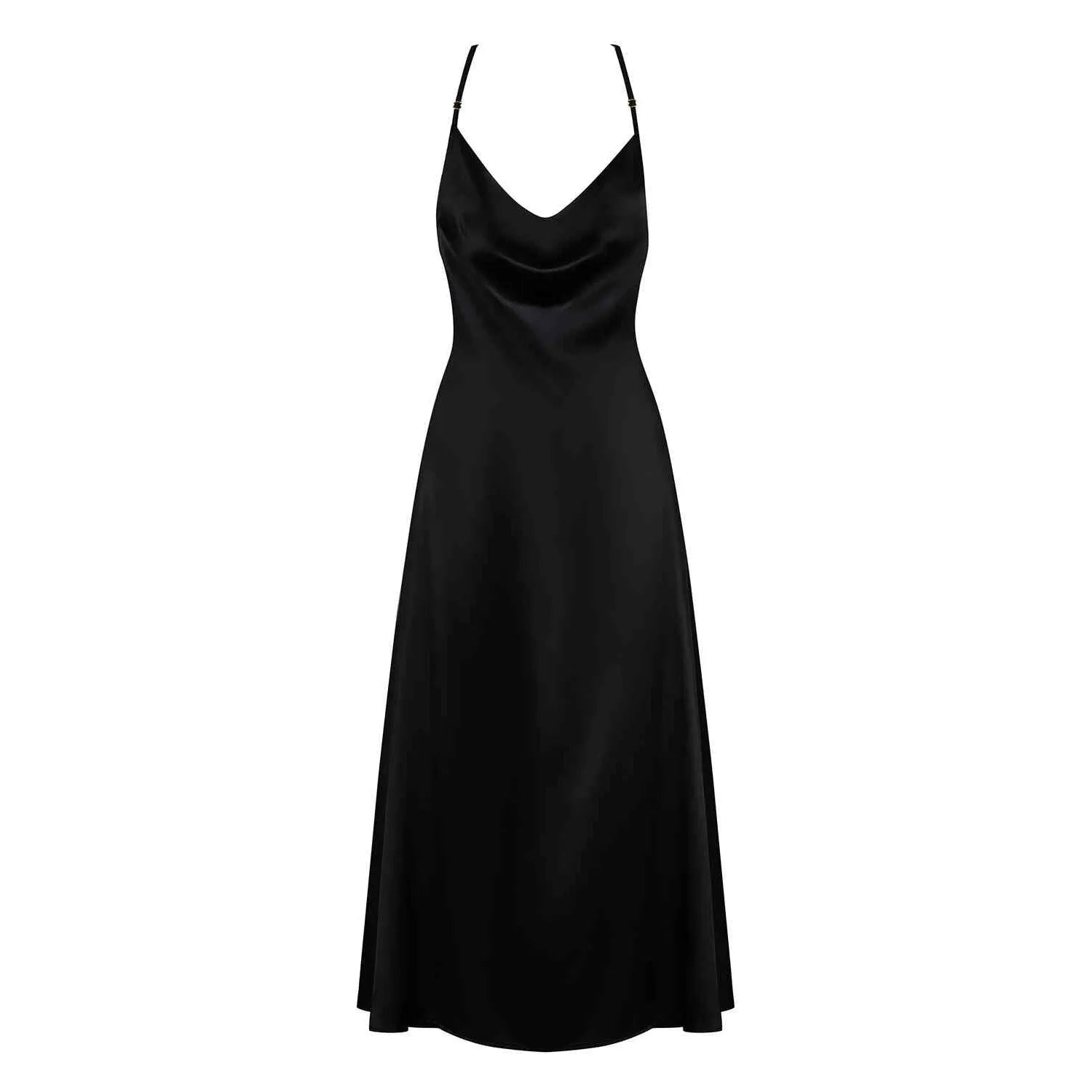 Robe Agatya noire élégante avec décolleté plongeant, bretelles réglables, ajustement parfait et ornement en dentelle.