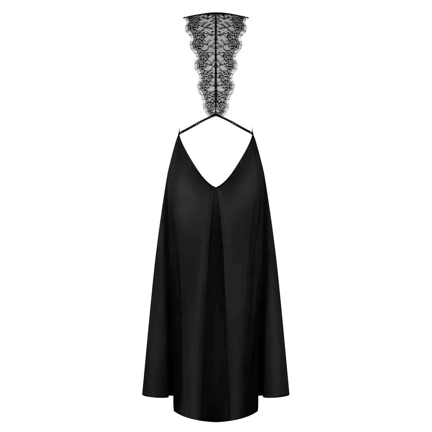 Robe Agatya noire élégante avec décolleté plongeant, bretelles réglables, ornement dentelle, coupe ajustée féminine.