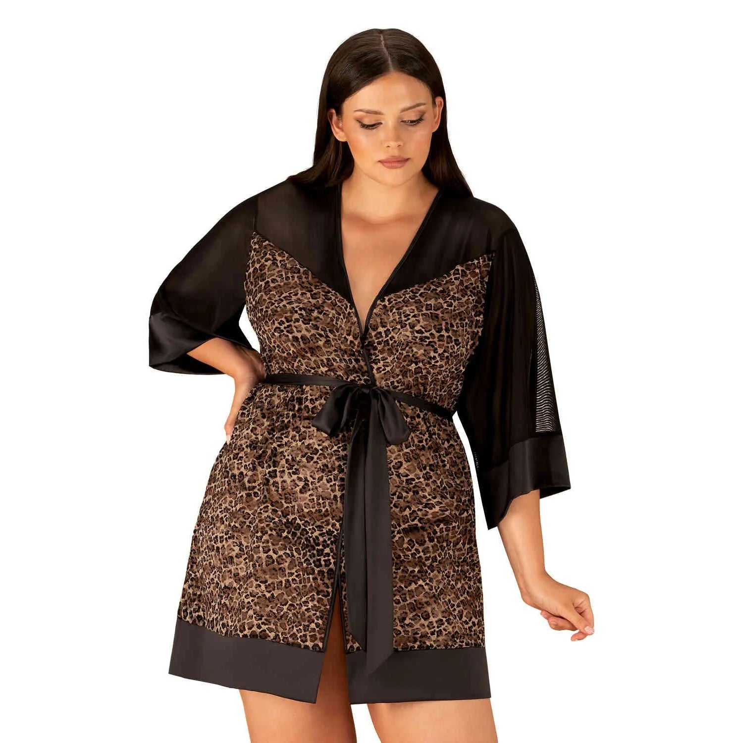 Peignoir Allunes noir avec motifs animaux, coupe sensuelle, manches mi-longues, ceinture à nouer, design élégant.