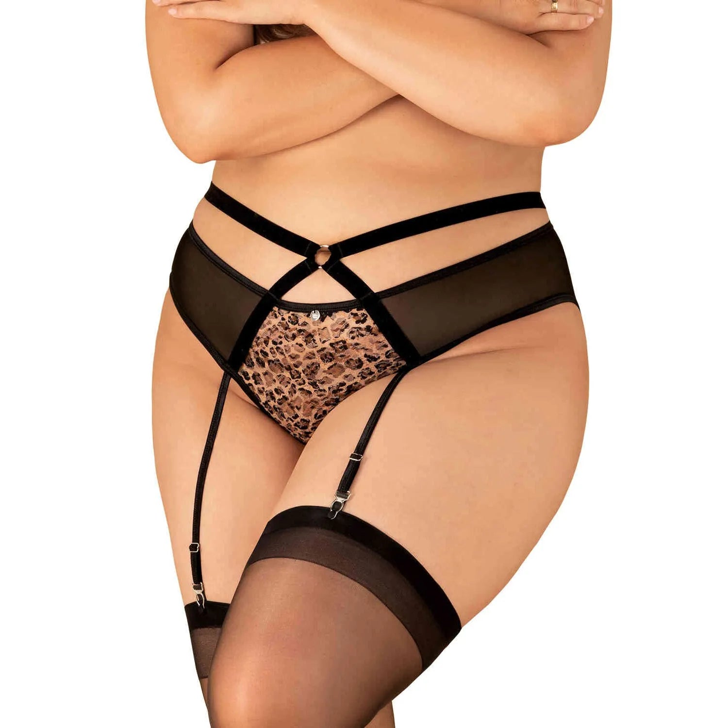 Porte-jarretelles noir ouvert Allunes, accents animaux, jarretelles réglables, silhouette sexy et ajustement parfait.