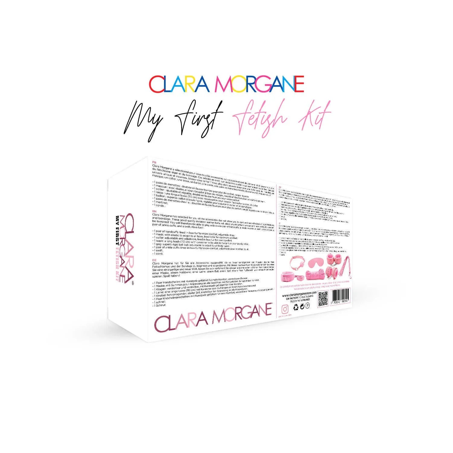 Coffret initiation BDSM débutants accessoires Clara Morgane rose martinet menottes bâillon