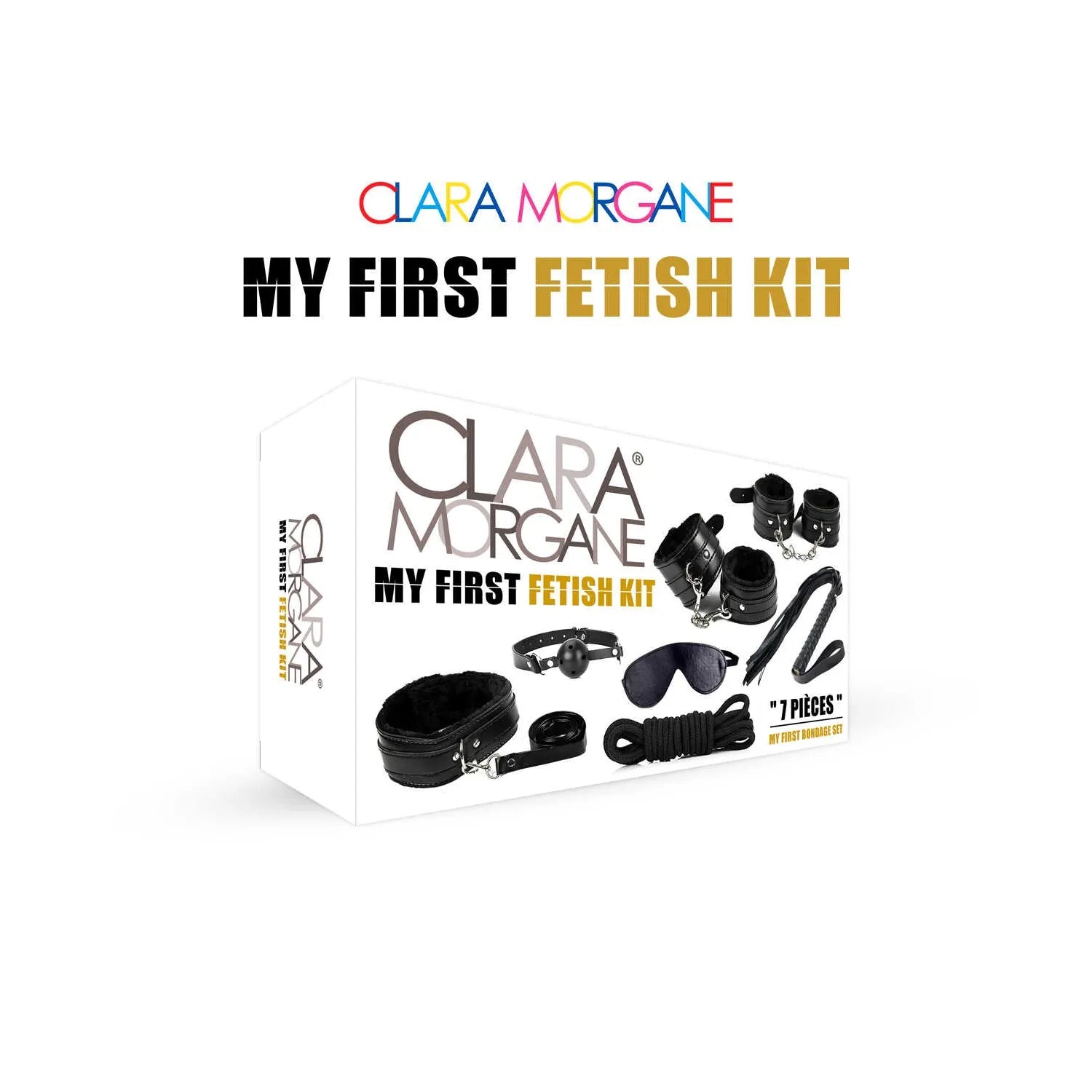 Kit BDSM débutant accessoires initiation Clara Morgane noir menottes masque martinet