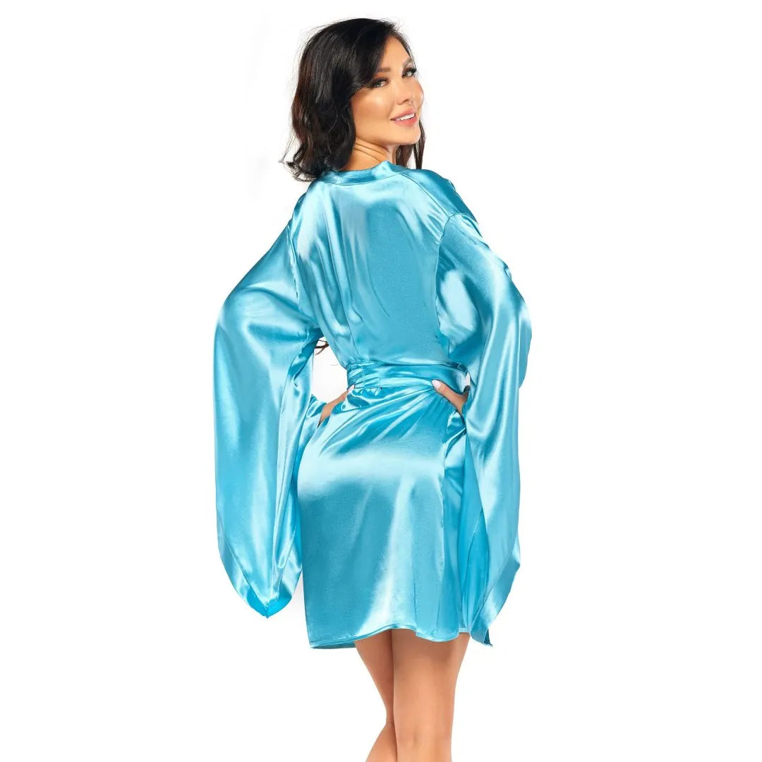 Samira Peignoir Kimono Satin Turquoise Sex-Appeal Manches Longues Taille S-L