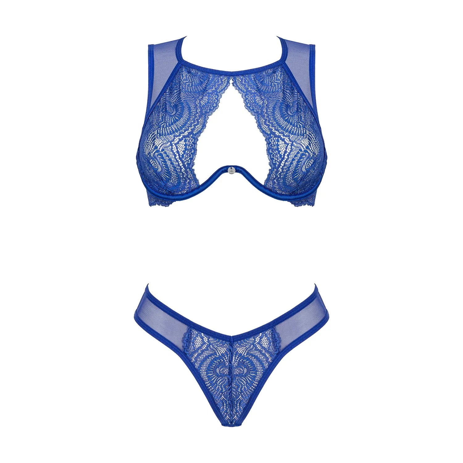 Ensemble lingerie Giselia bleu décolleté profond dentelle taille haute sexy