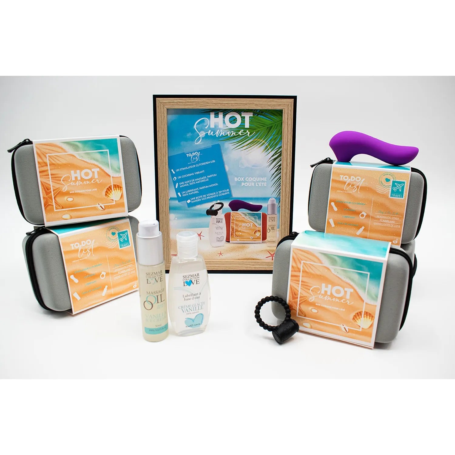 Boîte estivale vanille avec produits de massage et stimulation pour couples, coffret élégant et sensuel.