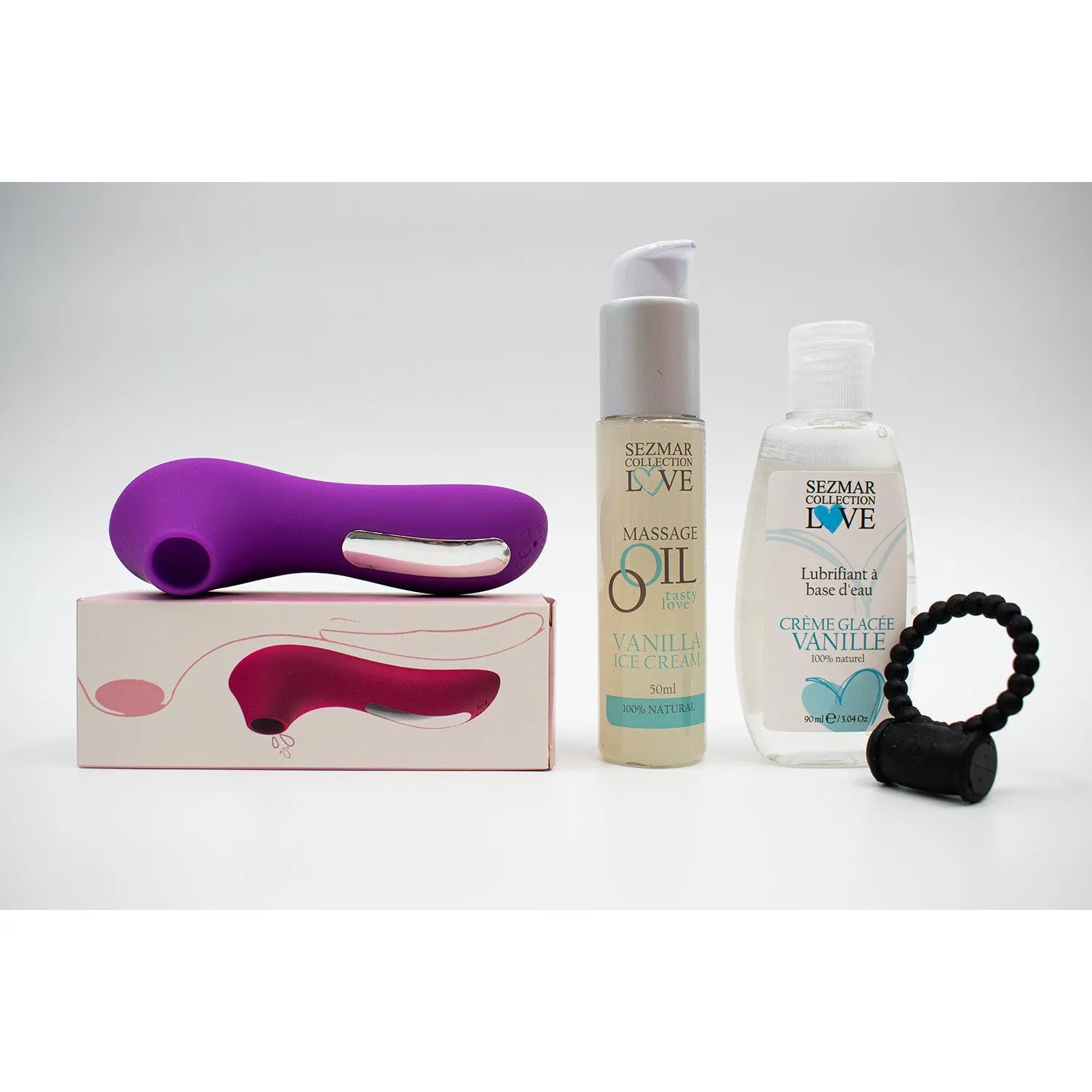 Box Hot Summer: coffret estival avec accessoires violets, huile de massage vanille, lubrifiant naturel, anneau noir.