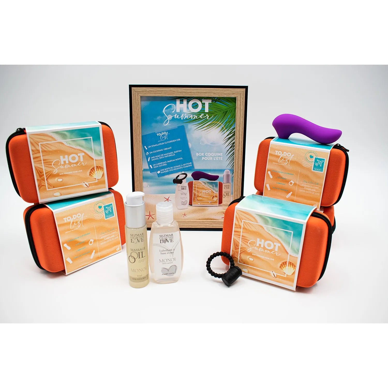 Box couple été parfum Monoï stimulateur clitoridien anneau vibrant huile massage