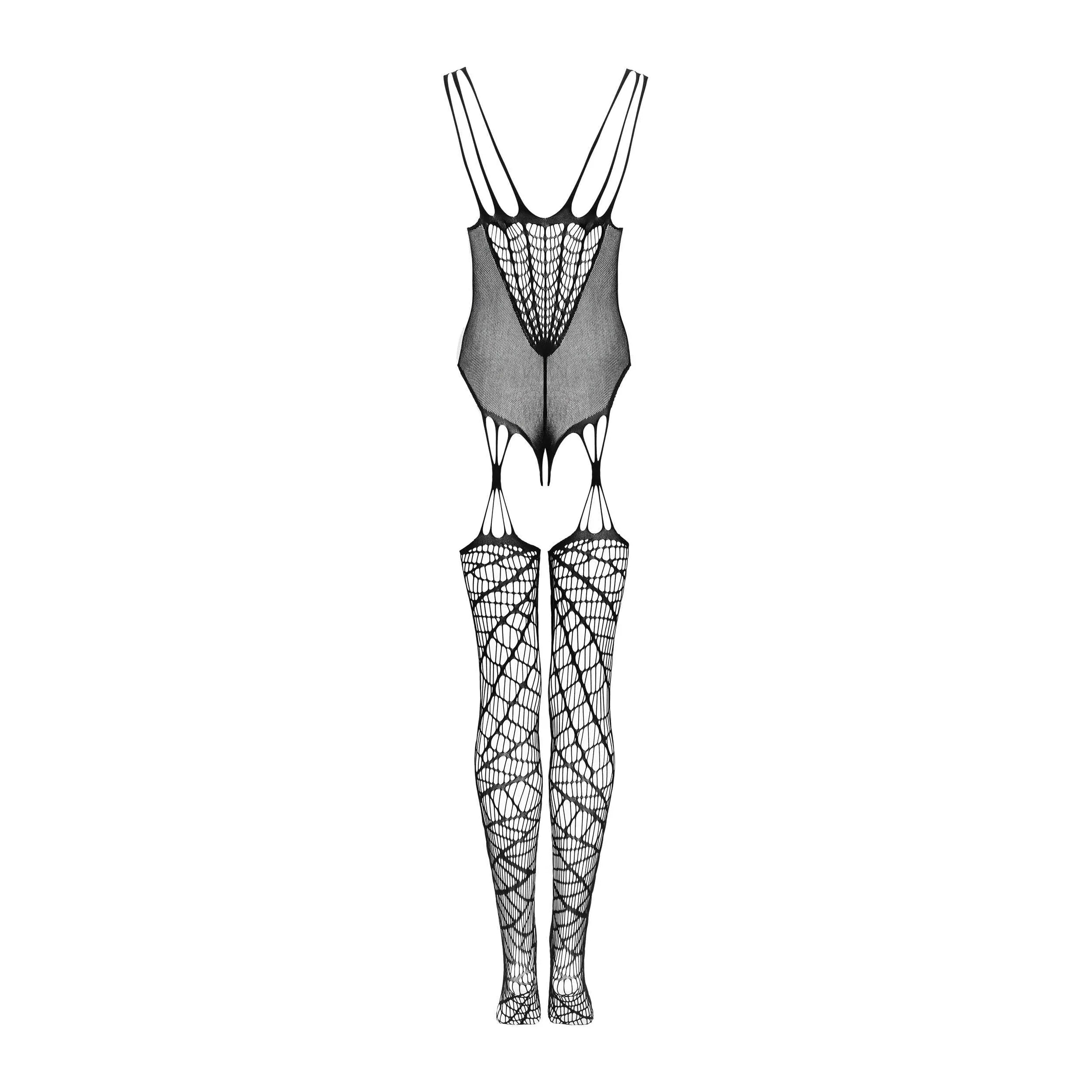 Bodystocking noir transparent géométrique, design épicé, bretelles fines, motifs raffinés, idéal pour soirées intimes.