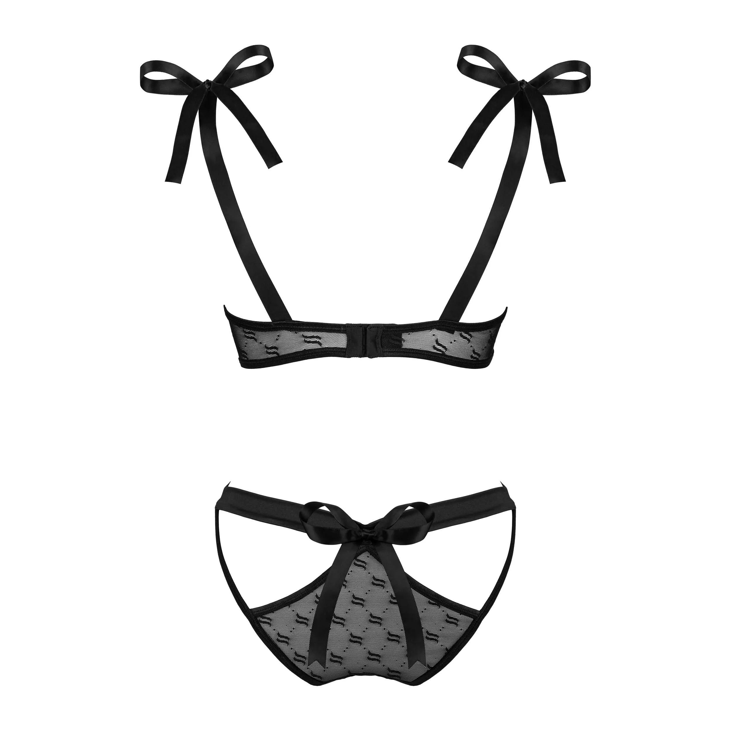 Ensemble lingerie sexy noir soutien-gorge armatures culotte satin Obsessivia