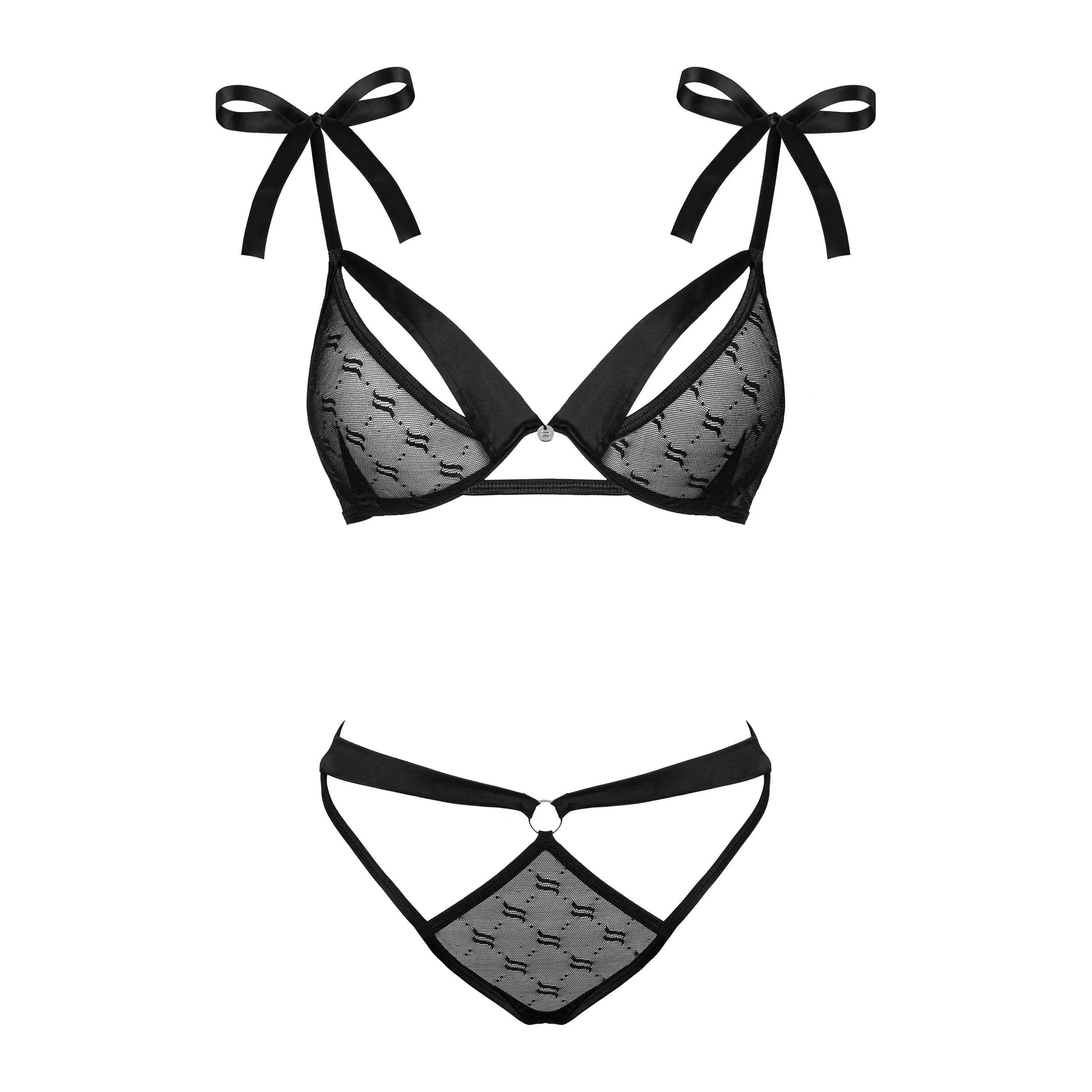 Ensemble lingerie sexy noir soutien-gorge armatures culotte satin Obsessivia