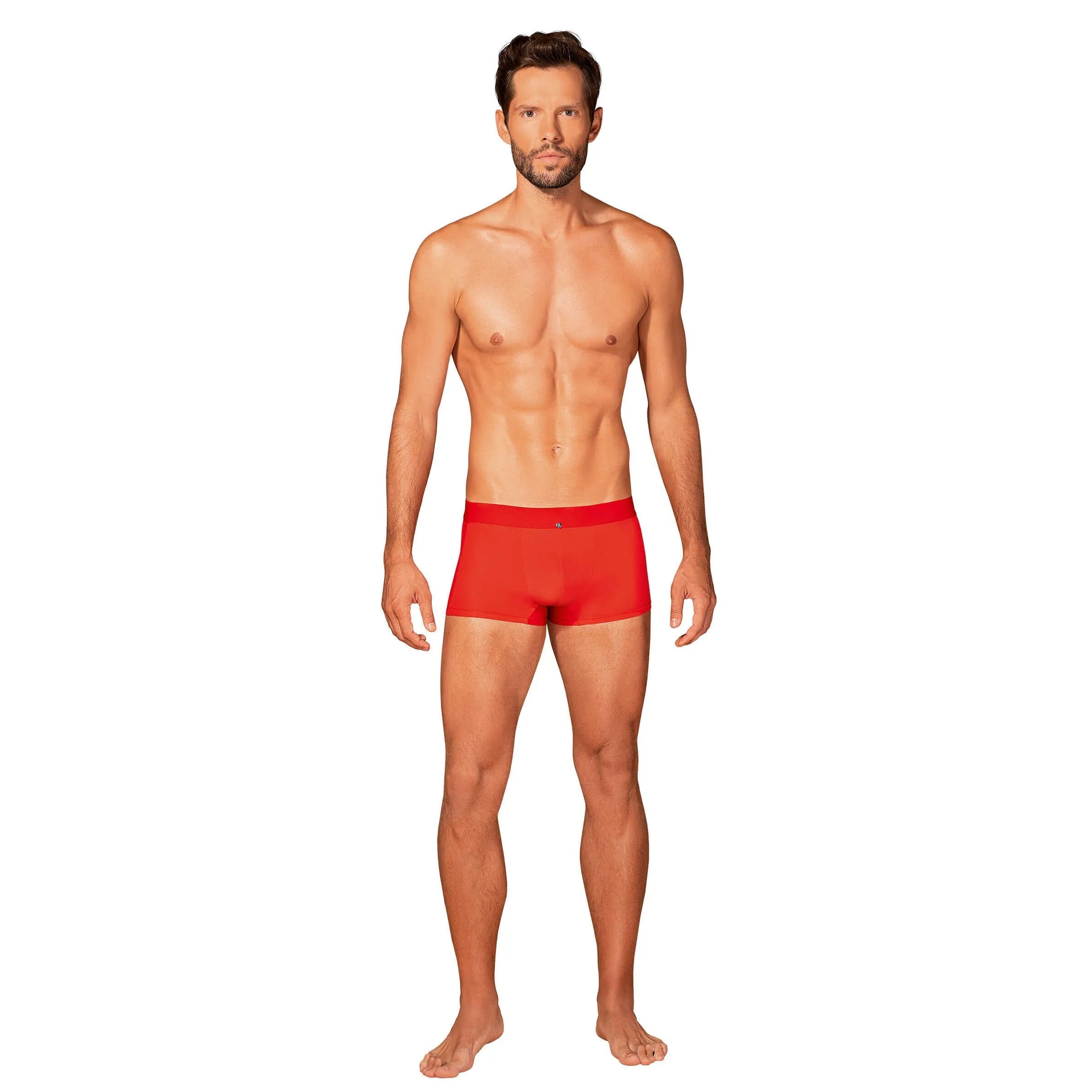 Boxer Boldero rouge juteux, coupe masculine classique, maille translucide, silhouette mise en valeur.