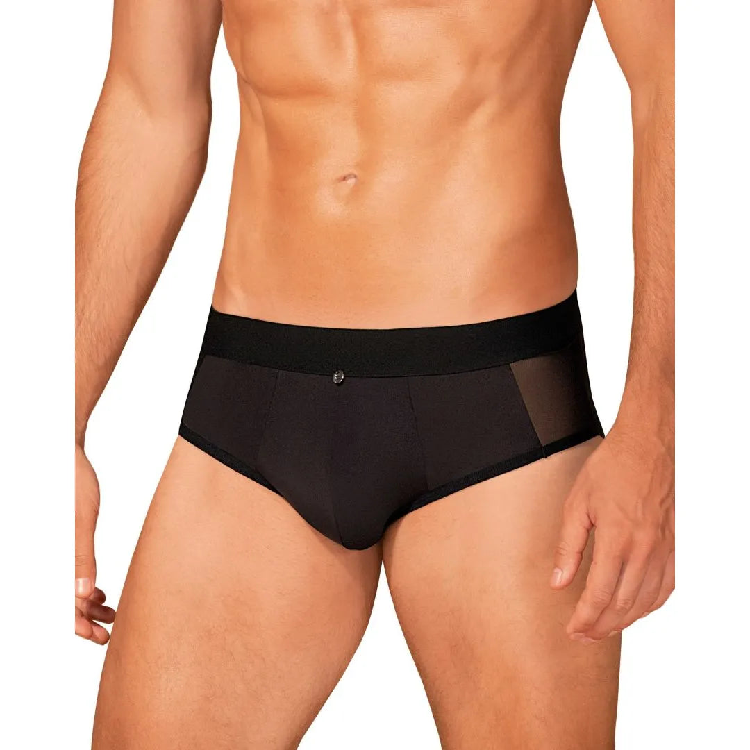 Slip noir Boldero homme, matière lisse et maille transparente, coupe classique, pendentif élégant à l'avant.