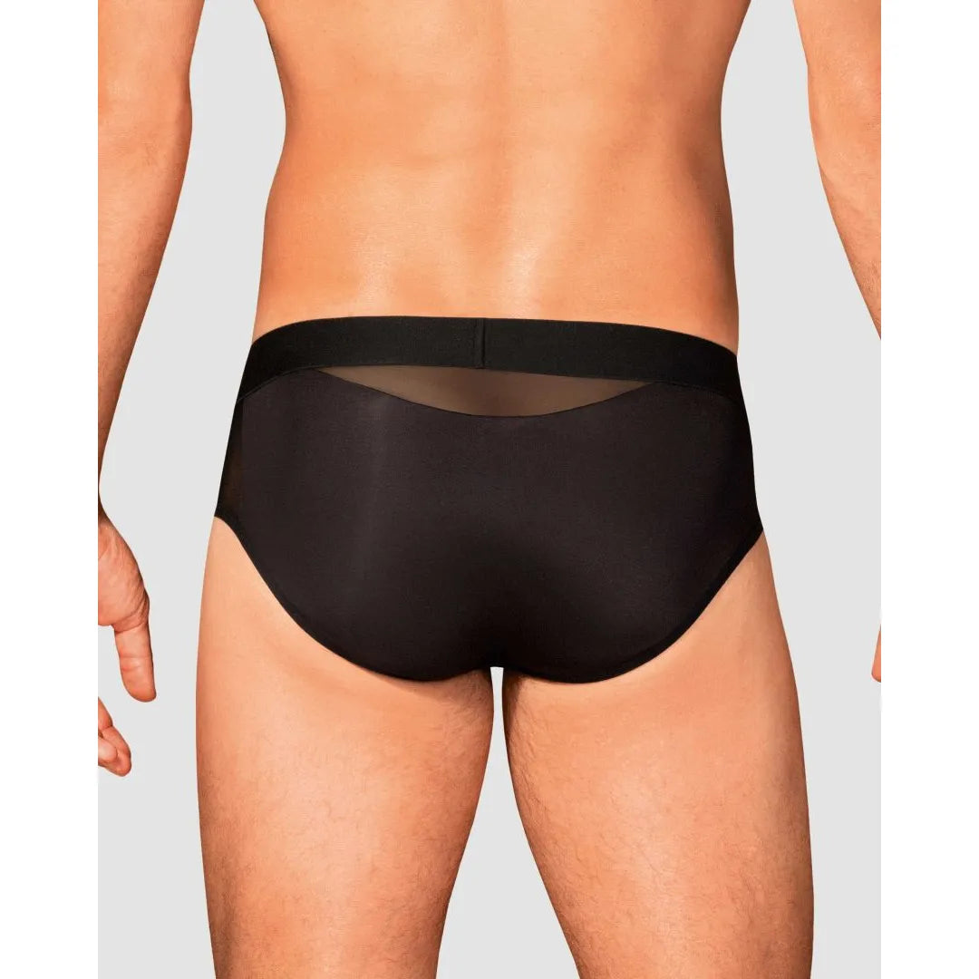 Slip homme Boldero noir, matière lisse et maille transparente, coupe classique, pendentif élégant, confort optimal.