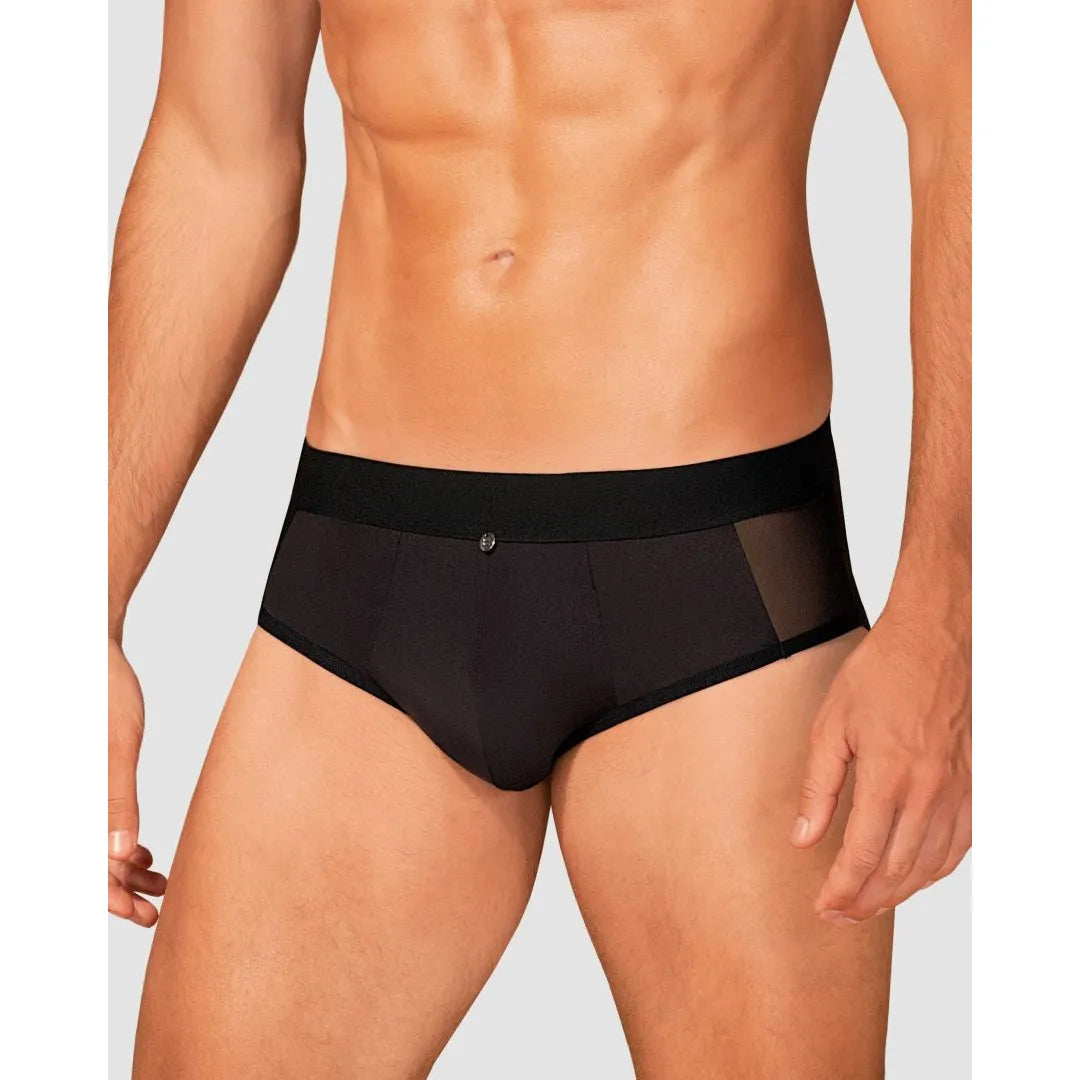 Slip noir Boldero homme, maille transparente, coupe classique, pendentif élégant, confort et style séduisant.
