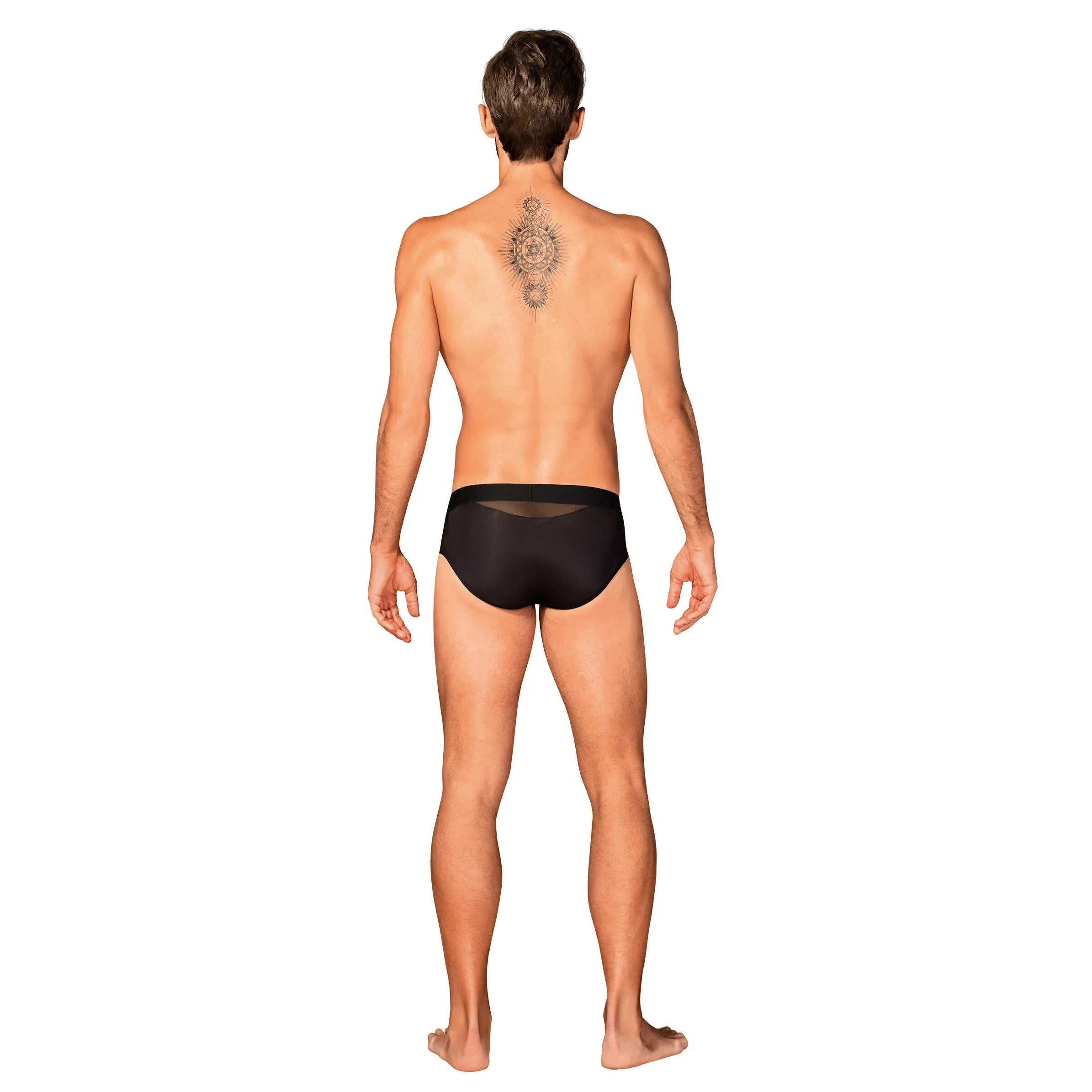 Slip noir Boldero homme, matière lisse et maille transparente, coupe classique, élégant pendentif avant, style séduisant.