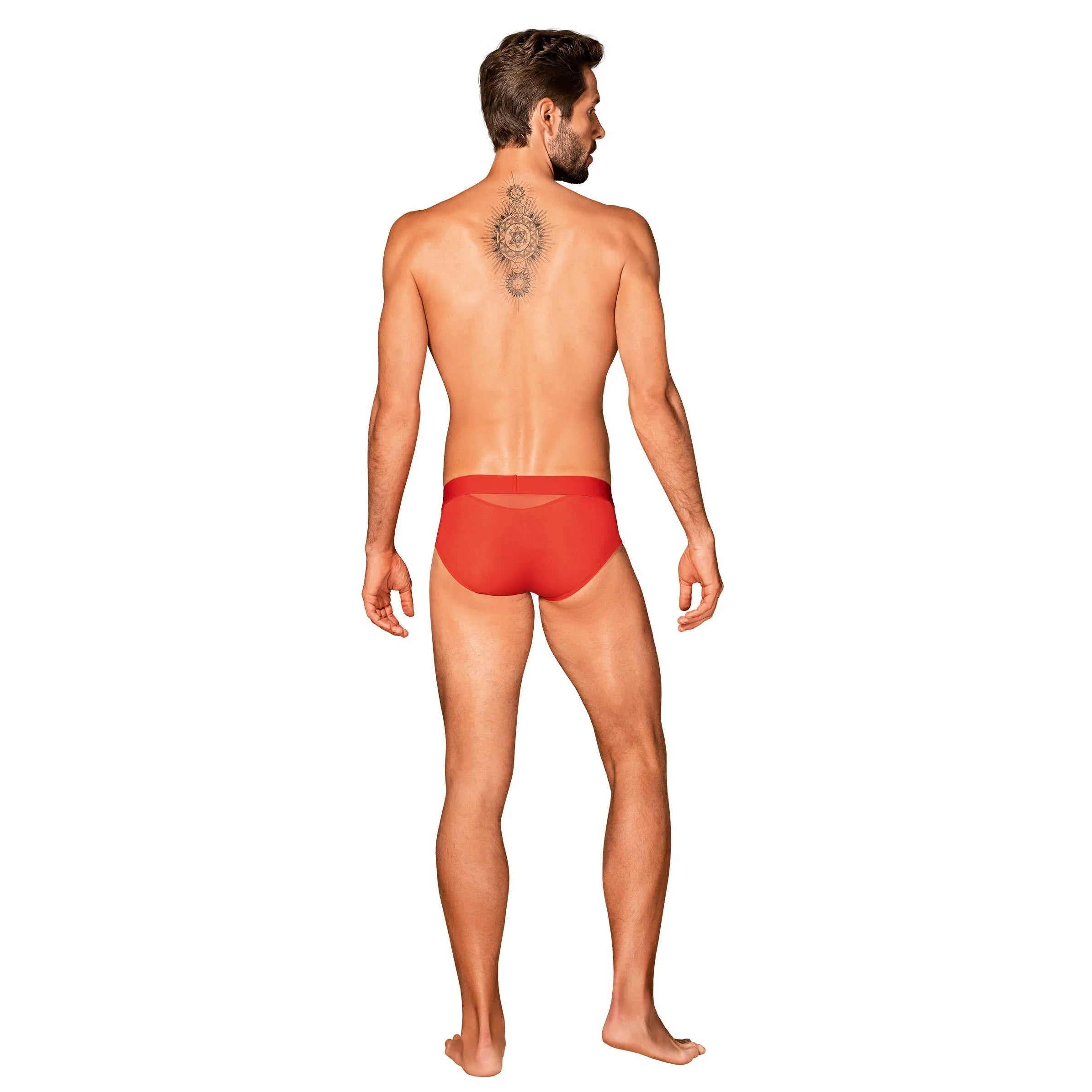 Slip homme Boldero rouge, maille translucide sur les côtés et fesses, coupe classique, look sexy et confortable.