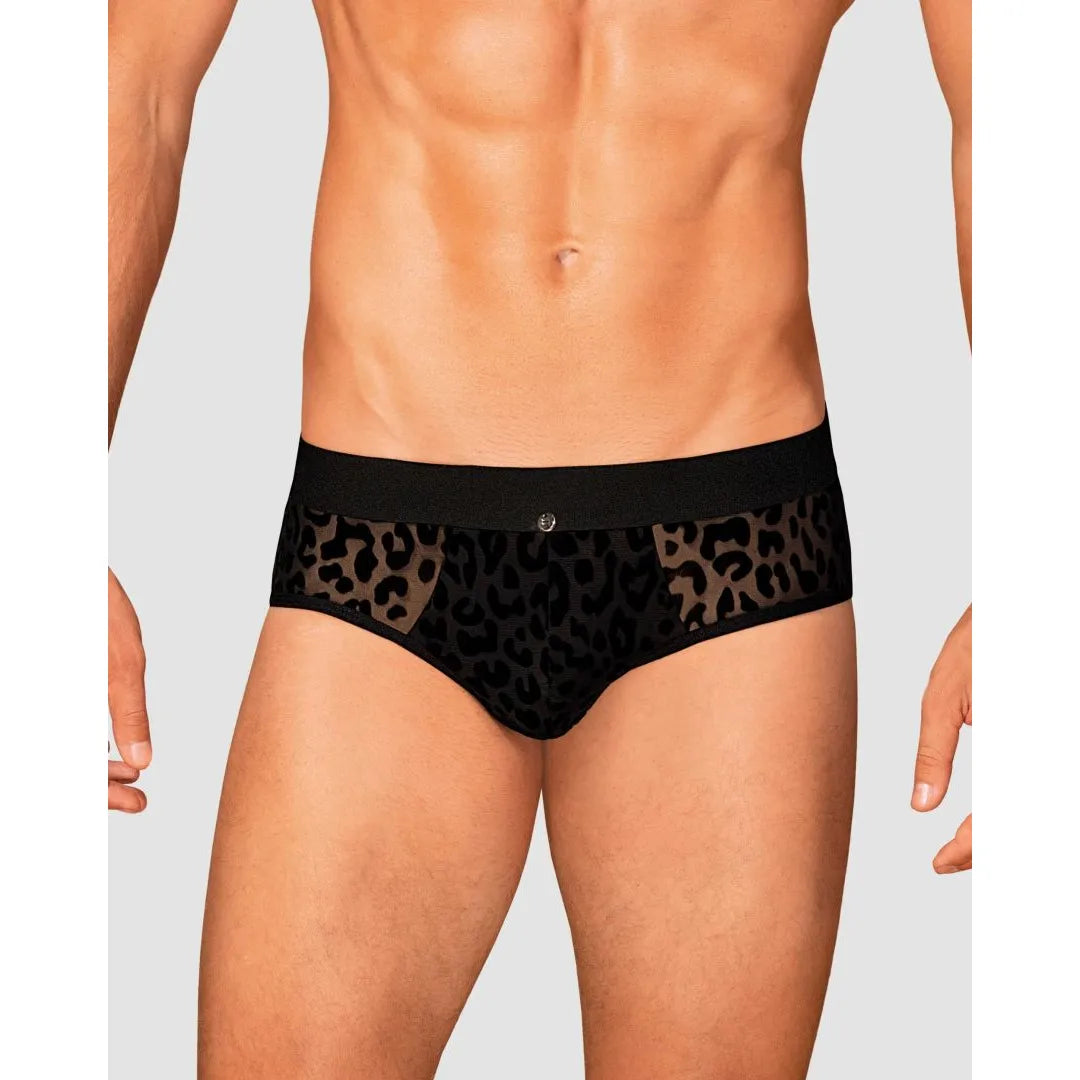 Slip homme Azmeron noir, imprimé léopard, détails translucides, coupe classique, élégant détail argenté devant.