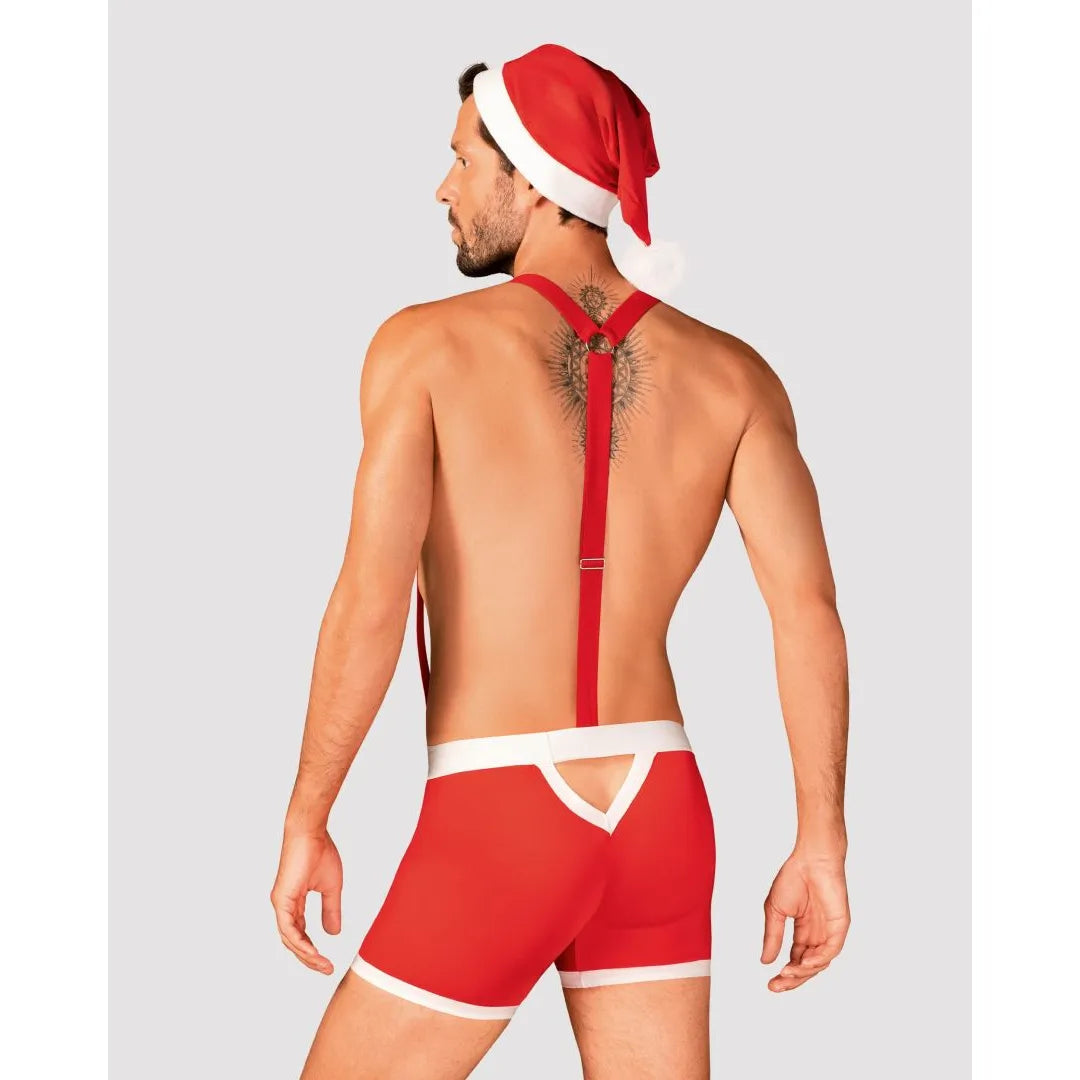 Caleçon rouge homme avec bretelles réglables et bonnet de Noël, style festif et espiègle pour les fêtes.