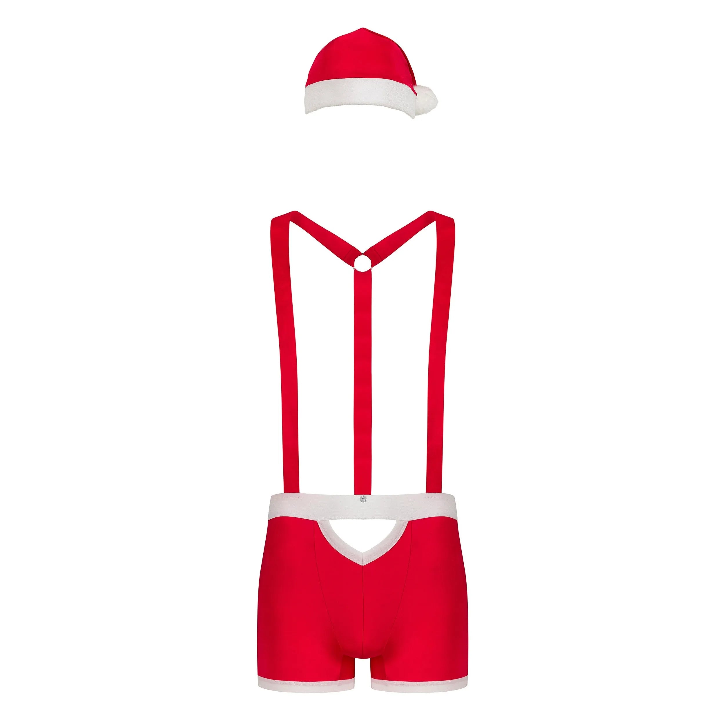 Caleçon rouge homme style Père Noël avec bretelles réglables et bonnet à pompon, ensemble festif et espiègle.