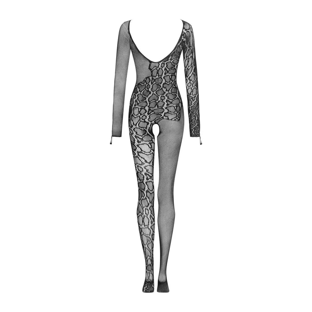 Bodystocking noir sexy maille serpent, manches longues, entrejambe ouvert, épouse les courbes, allure chic et audacieuse.