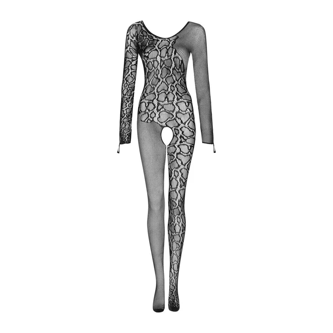 Bodystocking noir maille serpent, manches longues, entrejambe ouvert, design sexy et chic, épouse les courbes.