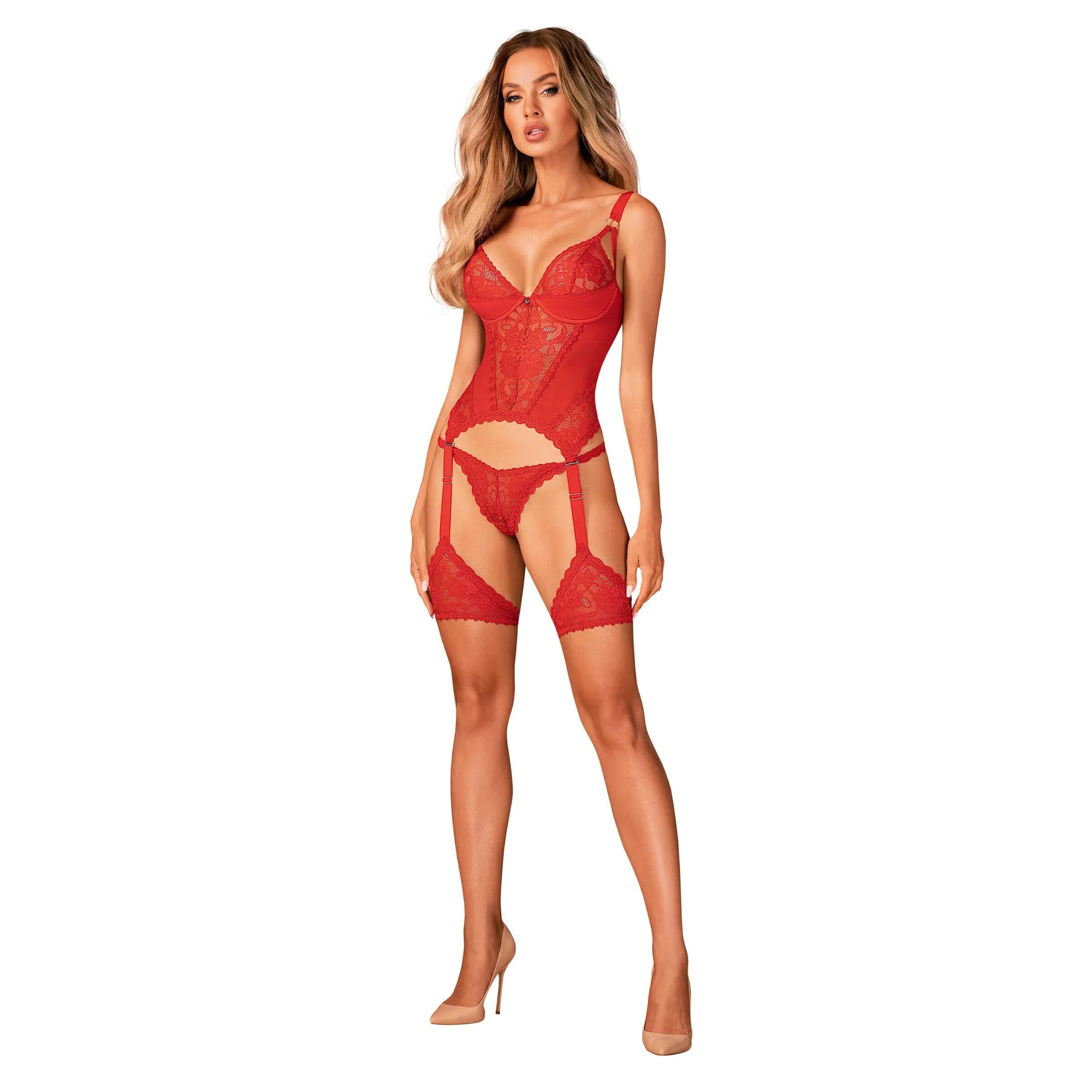 Corset rouge sexy en dentelle avec jarretelles amovibles et soutien-gorge à armatures, mettant en valeur les courbes fémin...