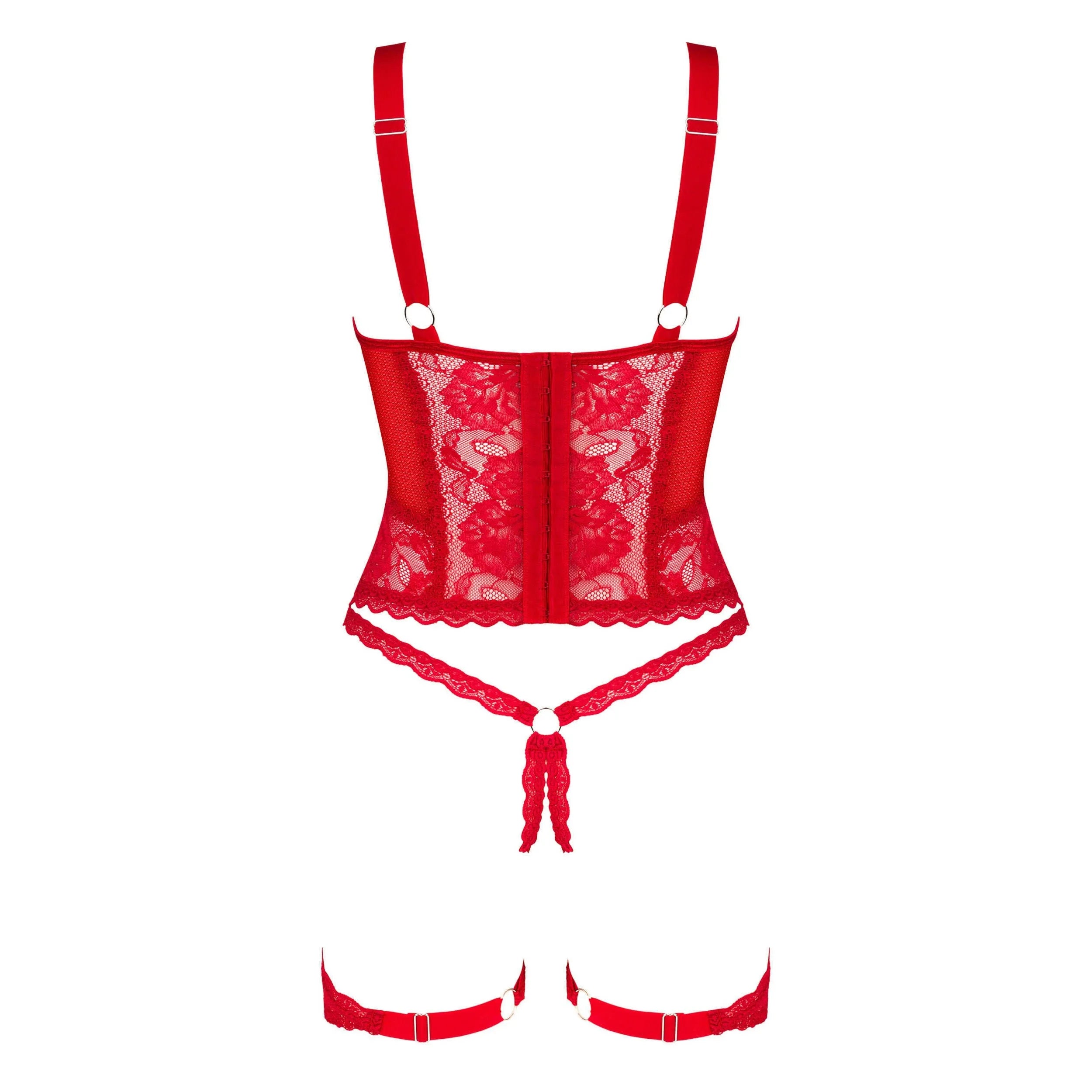 Corset rouge en dentelle avec jarretelles amovibles et soutien-gorge à armatures, design séduisant et élégant.